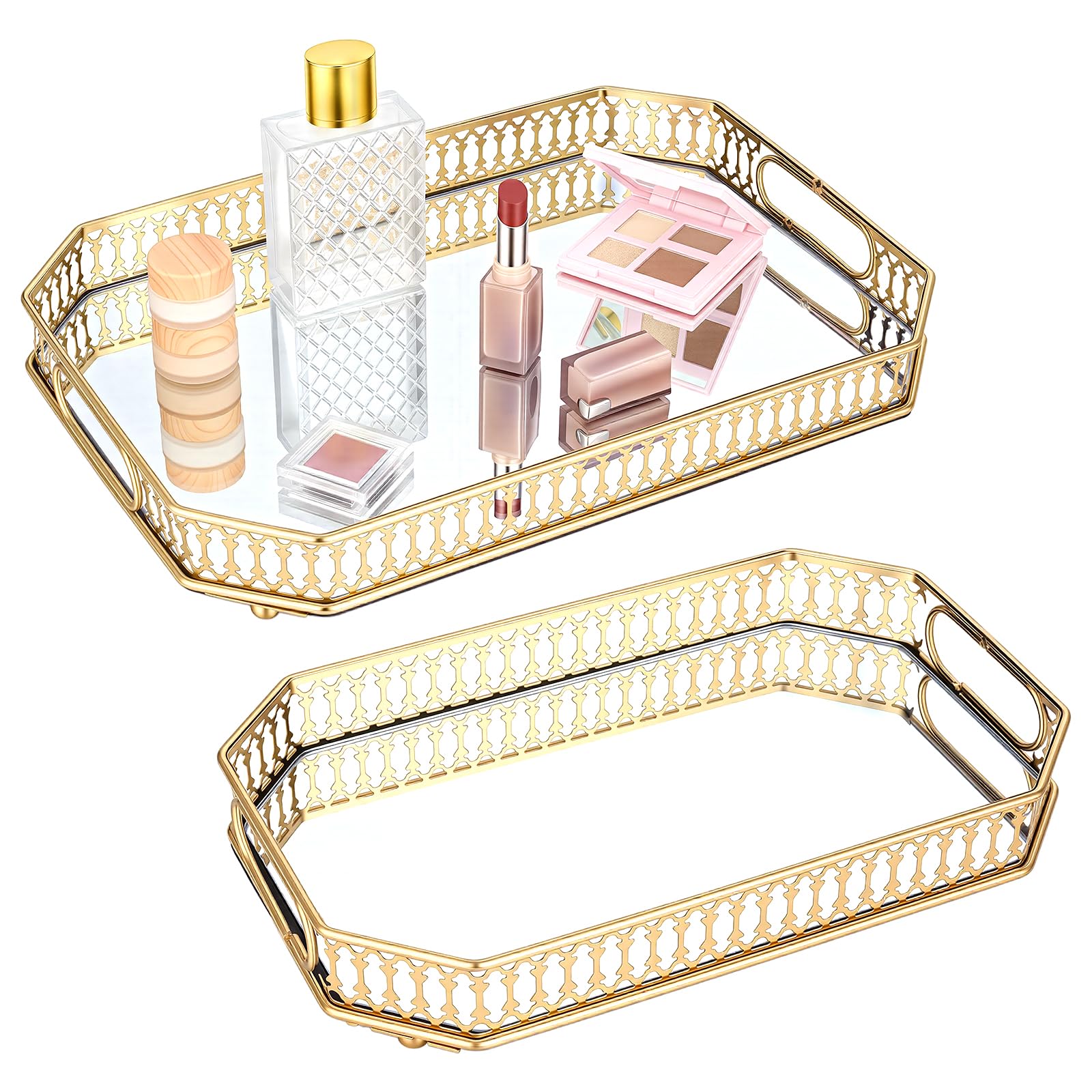 2 bandejas de perfume doradas, bandeja decorativa de espejo de 2 tamaños con asas, organizador decorativo de perfume y maquillaje con asas para tocador, baño o exhibición de joyas