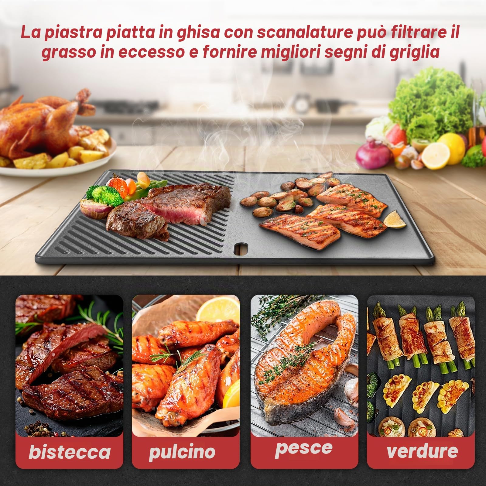 Piastra in ghisa, 43,5 x 31,5 cm, ricambio per bruciatori Landmann Triton 3/4, Enders Broil King Baron/Monroe PRO 4, Boston 4/6