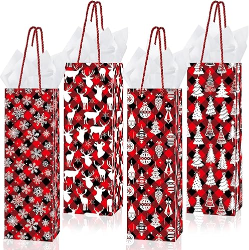 Paquete de 32 bolsas de regalo de vino de búfalo de Navidad con asa de papel de seda, bolsas de regalo de champán con 4 diseños para bolsas de