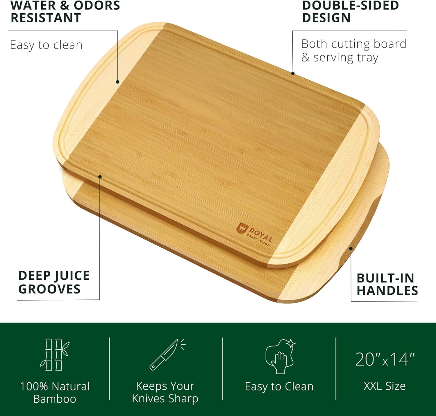 ROYAL CRAFT WOOD Bamboo Cutting Boards for Kitchen, Wood Chopping Boards with Juice Groove, Wooden Cutting Board for Vegetables, Fruit and Cheese, Charcuterie Serving Tray (XX-Large)