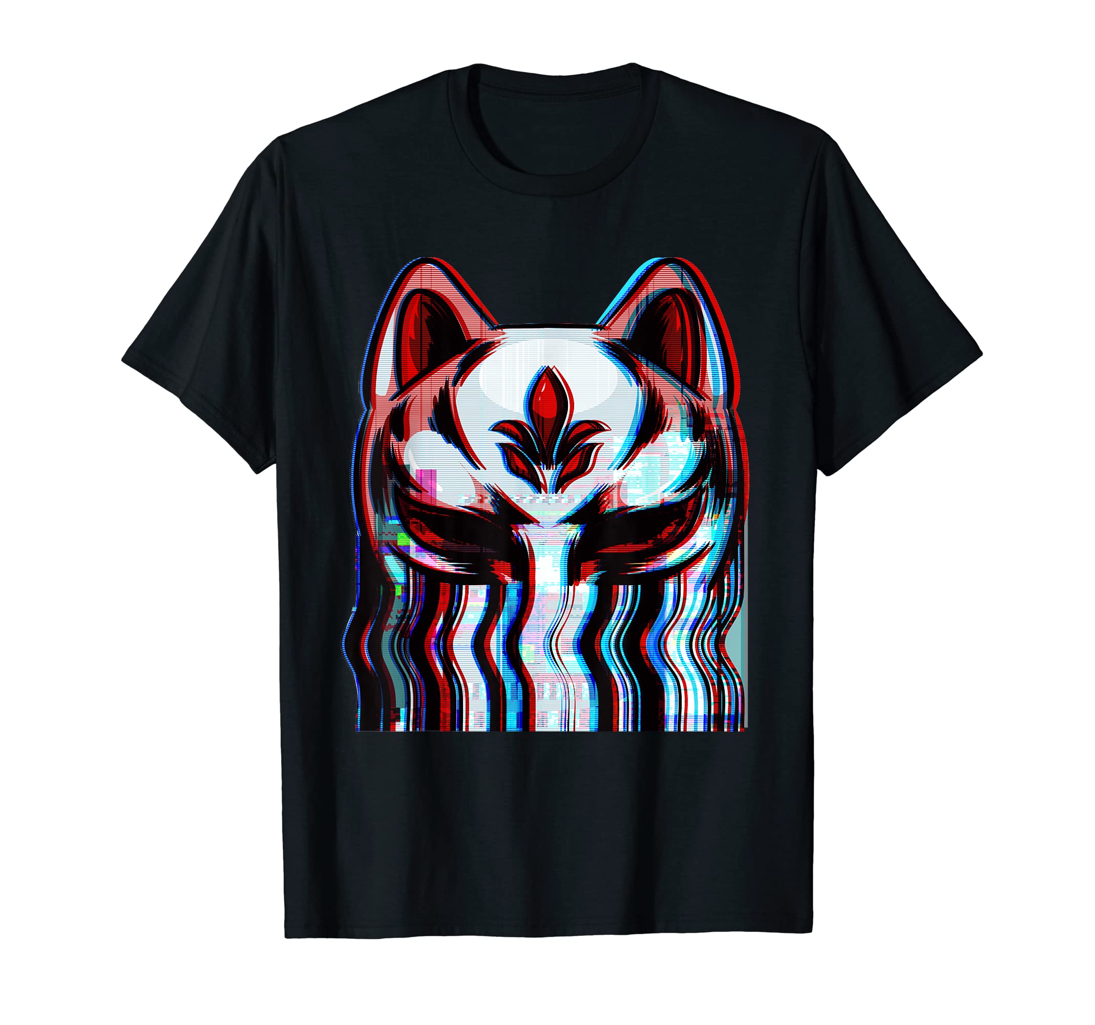 Vaporwave Japanese Aesthetic Kitsune Fox Mask Yokai Glitch T-Shirt, Women, Black, Medium