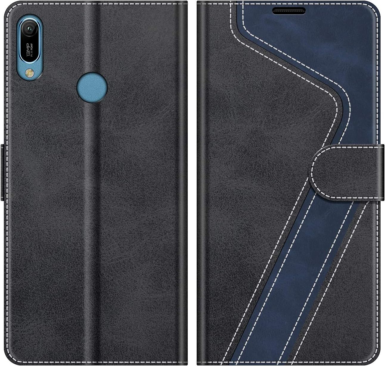 MOBESV Phone Cover For Huawei Y6 2019, Flip Wallet Case for Huawei Y6 2019 / Honor 8A Phone Case, Black/Dark Blue