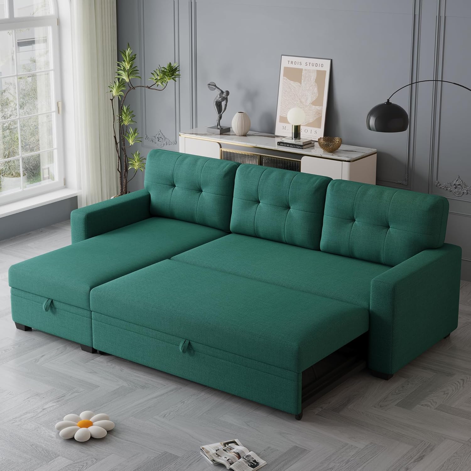 82" L-Shape Convertible Sleeper Sectional Sofa with Storage Chaise and Pull-Out Bed,Upholstered Reversible Corner 3 Seater Couch with Button Tufted Backrest & Armrest,for Living Room,Green