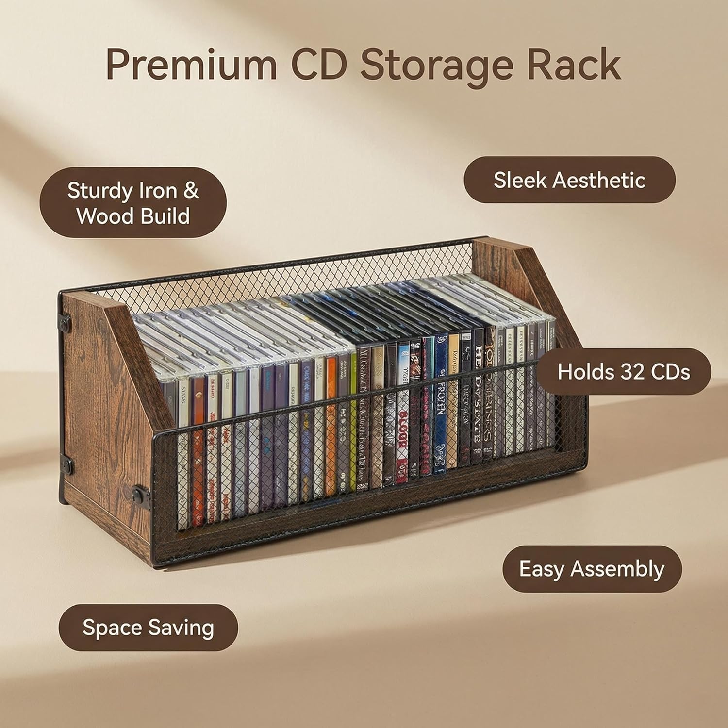 CD Storage Rack – CD Rack Holds 64 Cases (32 Each), Sturdy Iron & Wood Construction, Sleek Design, Easy Assembly with Tools Included, Also works for DVD, Blu-rays, Video Games