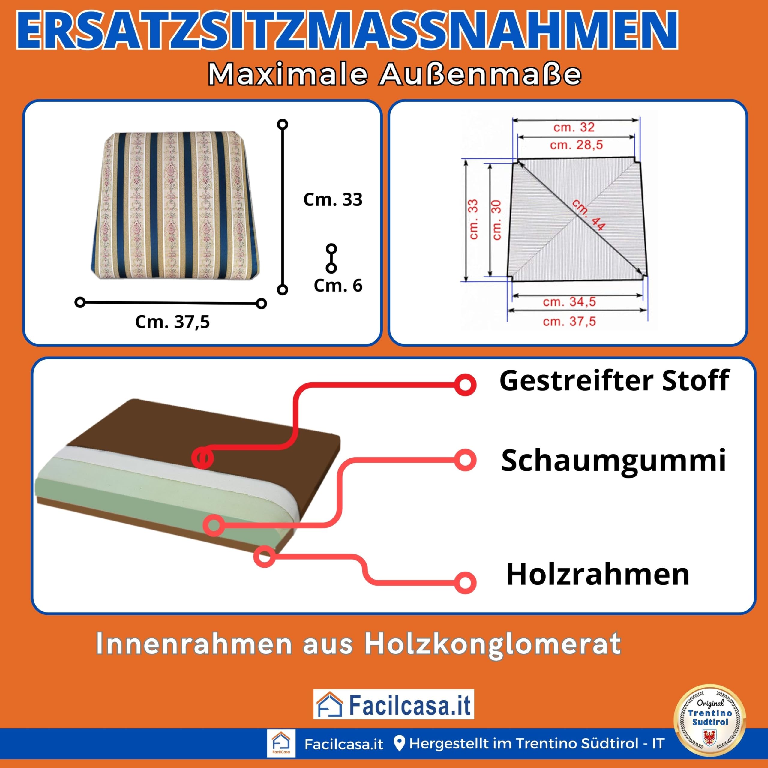 FacilCasa 2 Stoffsitze, gepolsterter Boden, Ersatzsitz für klassischen Stuhl, Empire-Streifen (37,5 x 33 cm)