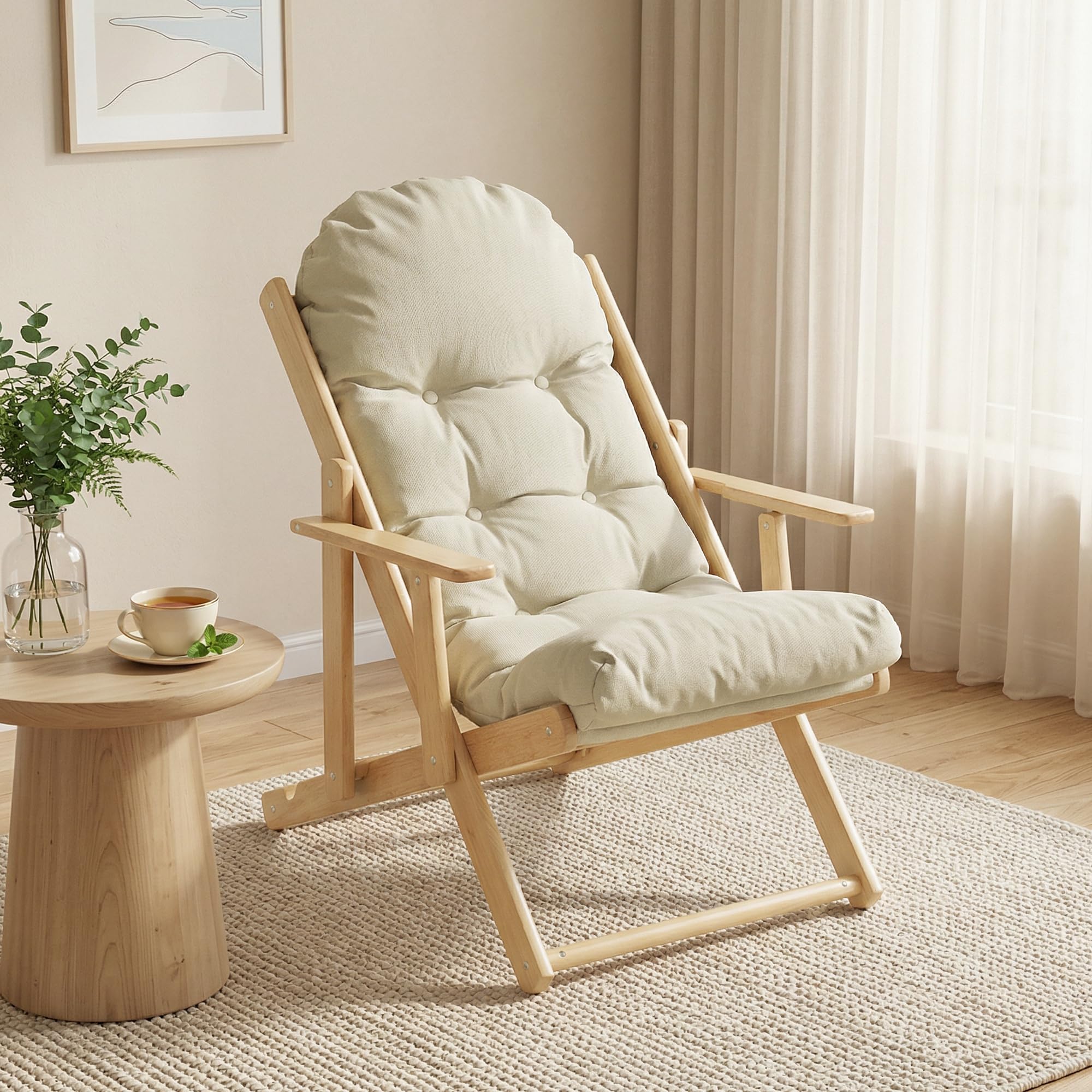 HOMCOM Fauteuil Chaise de Salon Pliable et inclinable en Bois Fauteuil Relax Confortable avec Coussin capitonné épais - 71 x 89 x 96 cm crème