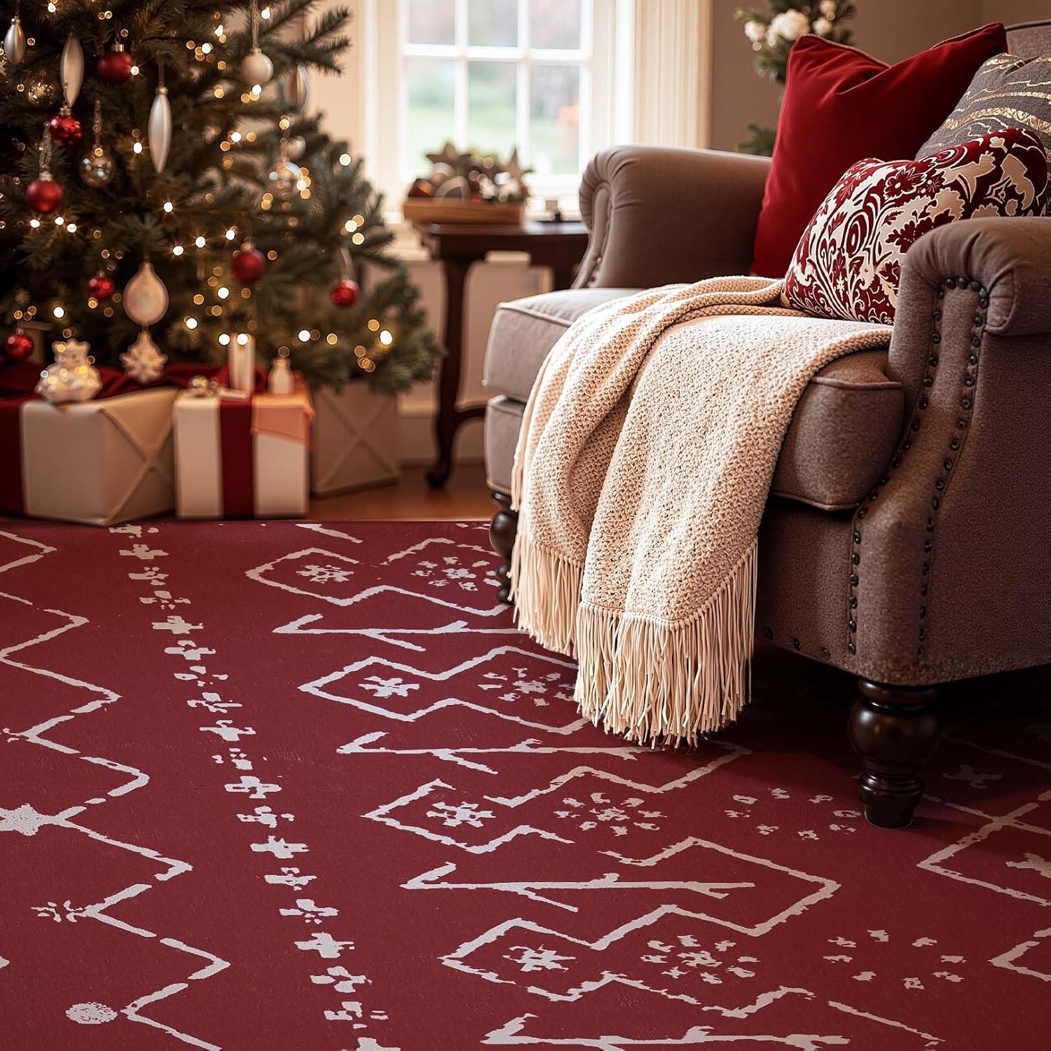 jinchan 5x7 Christmas Area Rug Burgundy Red Living Room Xmas Moroccan Modern Washable Non Slip Modern Soft Floor Carpet Holiday Decor Accent Rug for Bedroom Dining Room Kitchen Home Office