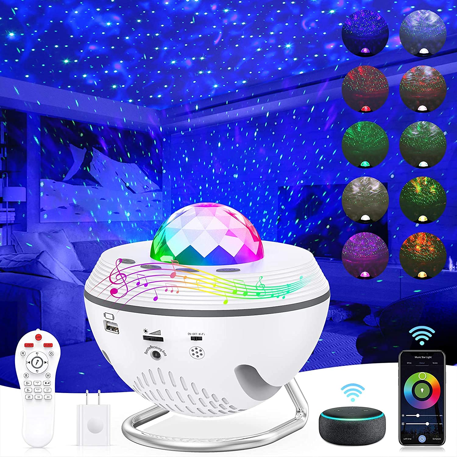 Star Projector 8 in 1 Night Light 2021 Smart WiFi Galaxy Projector Work with Alexa & Google Assistant, Star Light Projector with Bluetooth Music Remote Control & Timer for Kids Bedroom Game