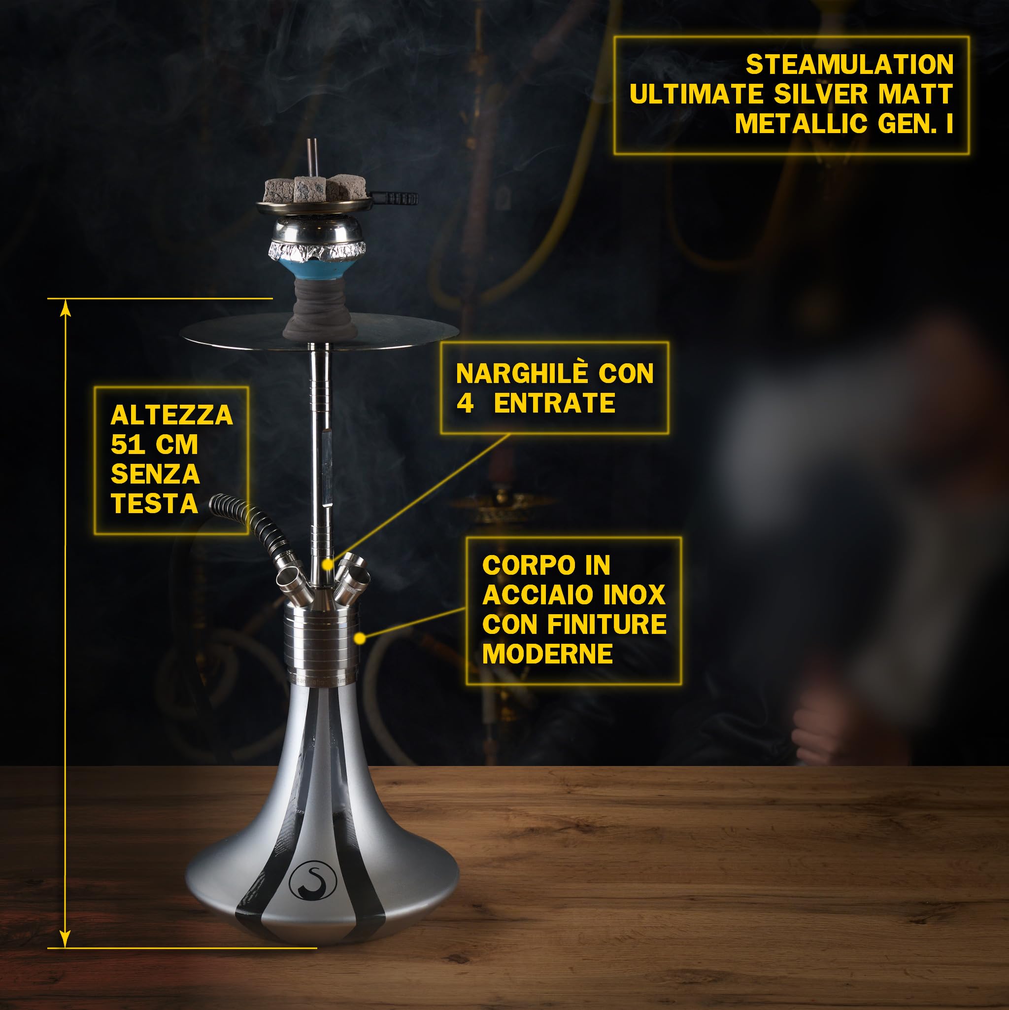 Steamulation Cachimba Ultimate Silver Metallic Gen.I | Shisha de Acero Inoxidable con Manguera de Silicona, Boquilla, Pinza, Cazoleta de Piedra HMD + 1 kg Carbón Cocobration 27 mm