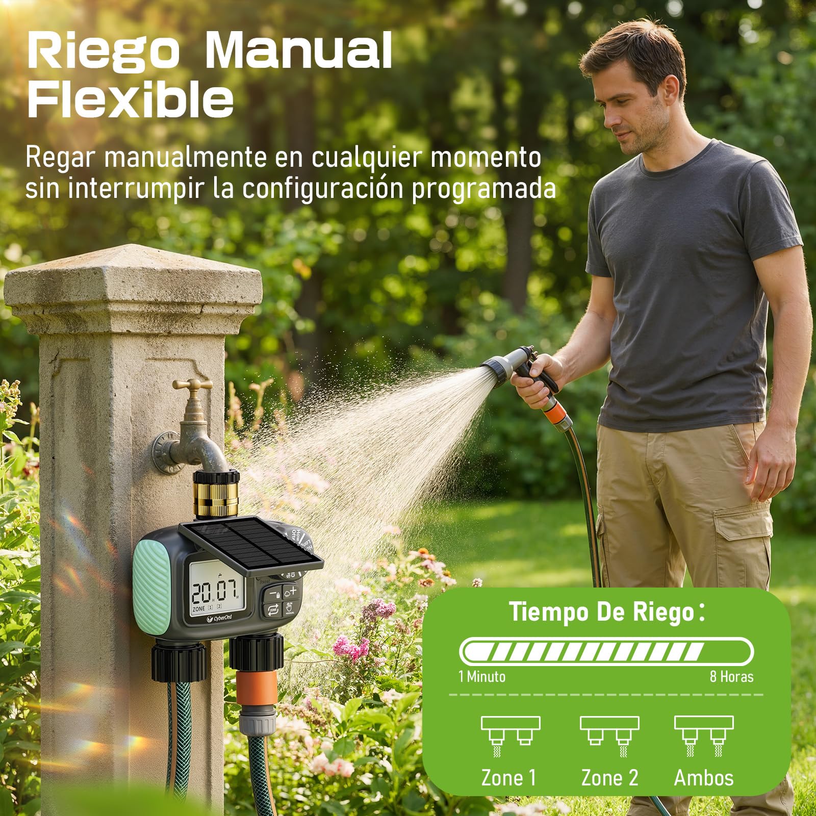 Programador de Riego Solar CyberOrd de 2 Zonas, Temporizador de Riego con Carga Solar, Sistema de Riego Automático con Modos Automático/Manual/Retraso por Lluvia para Césped/Ppatio/Jardín