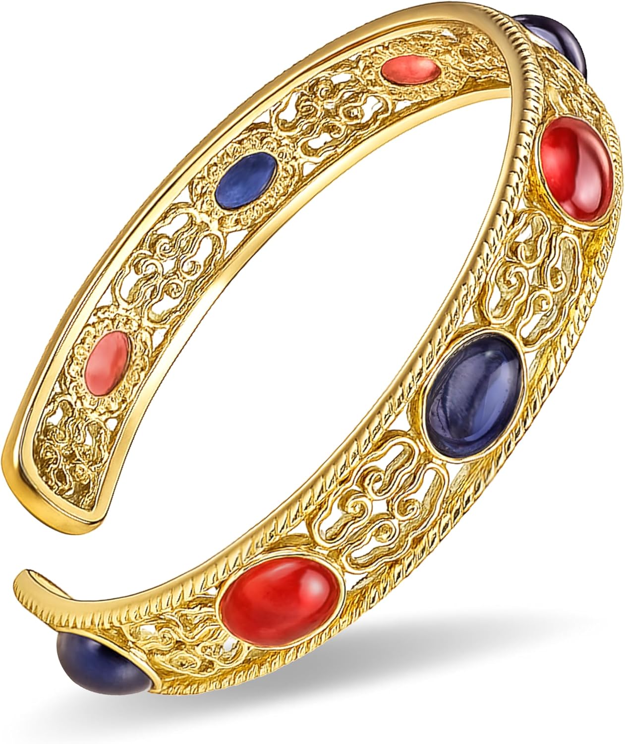Bohemian 18K Plated Gold Bracelet for Women, Open Bangle with Blue and Pink Crystal Accents, Vintage Court Style Jewelry