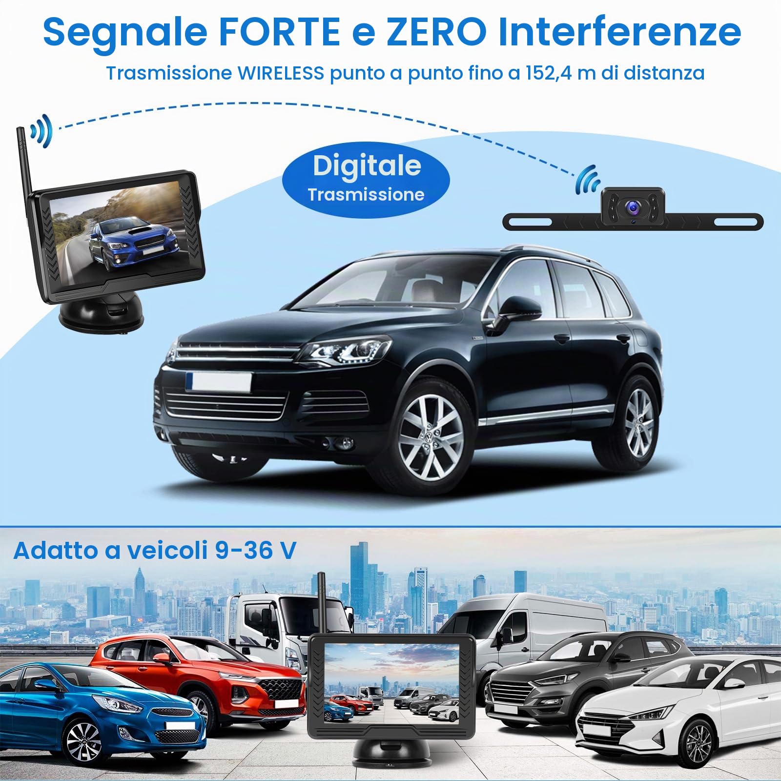 Kit Telecamera Retromarcia Wireless con monitor LCD da 5 Pollici Monitor con Schermo LCD AHD, Super Visione Notturna, Impermeabile IP69, Supporto 12V per Auto, Autobus, Camion, Rimorchi