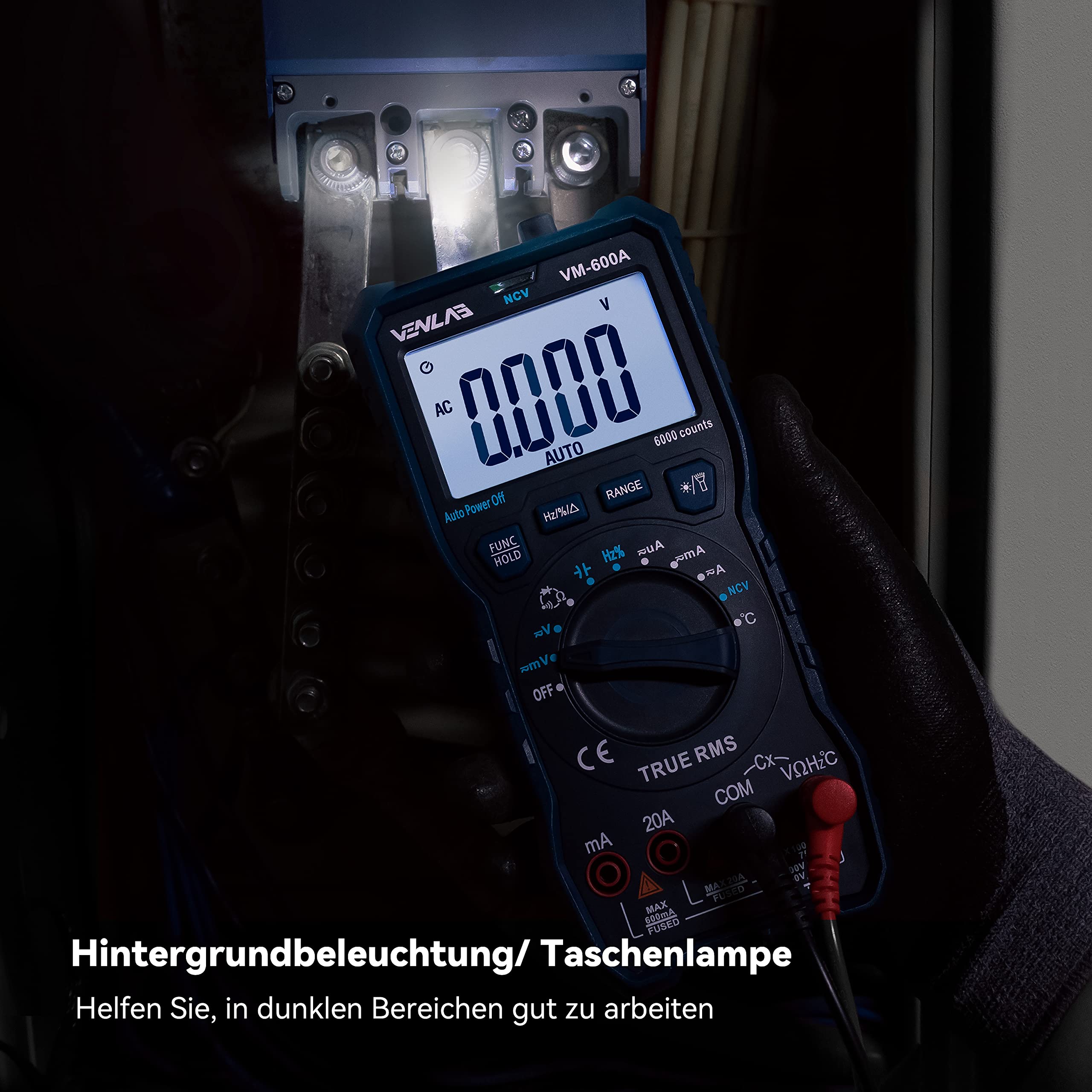 Multimeter mit 6000 Zählungen, True RMS Auto-Ranging Digital,VENLAB Strommessgerät Voltmeter, Misst genau Spannung Strom Widerstand Diode Durchgang, Mit LCD-Anzeige und faltbar Ständer.