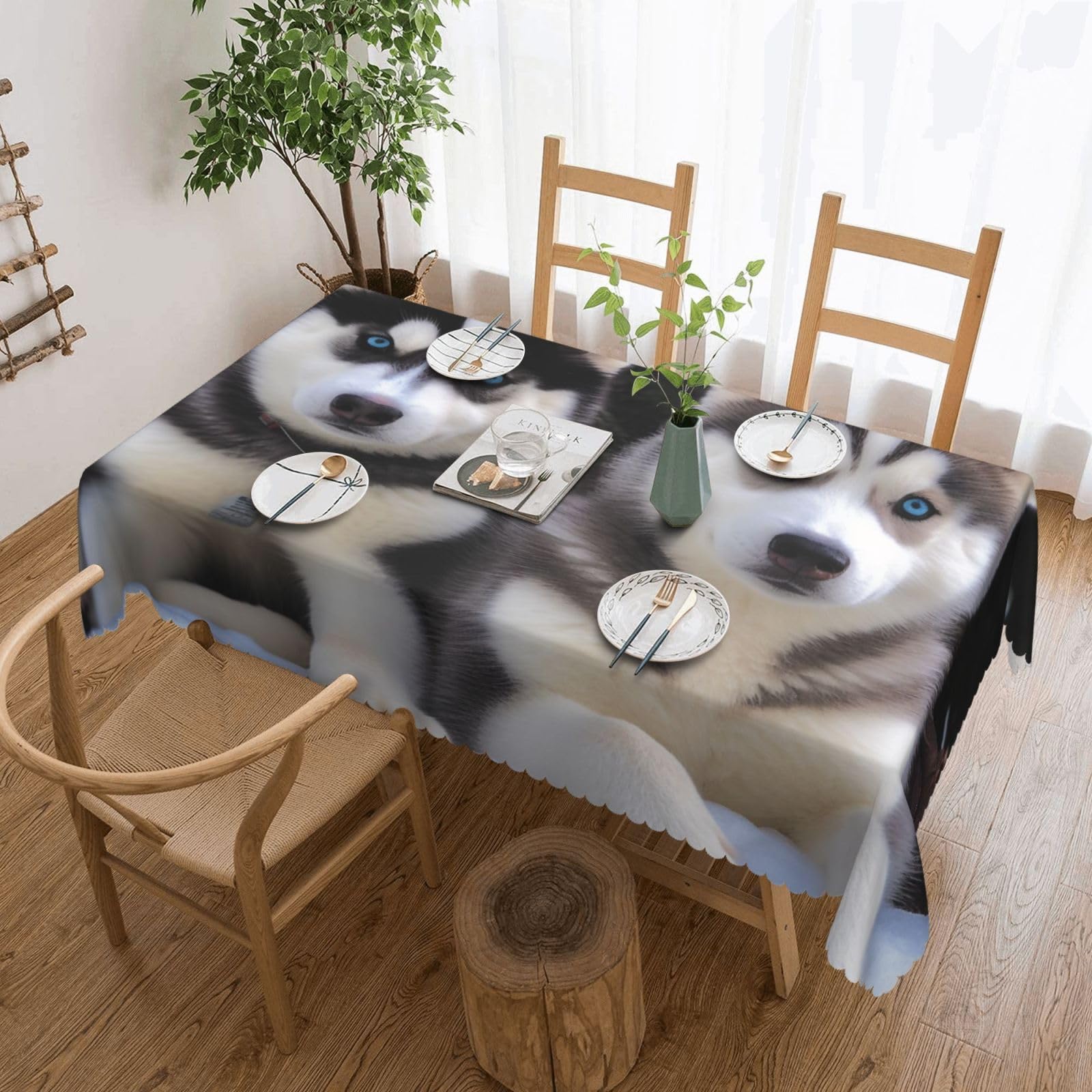 WPKJU Lovely Husky Printed Rectangle Tablecloth 72x54 Inch with Lace Trim, Water-Resistant Washable Table Cover for Farmhouse Weddings, Outdoor Picnics & Holiday Dining