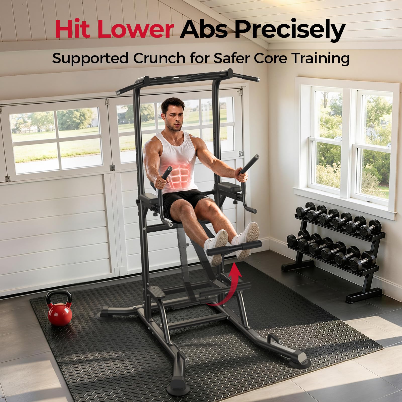 800LBS Heavy Duty Power Tower Dip Station, Adjustable Height Pull Up Stand with Crunch Leg Raise, Multifunction Strength Training Equipment for Home Gym Back Workout