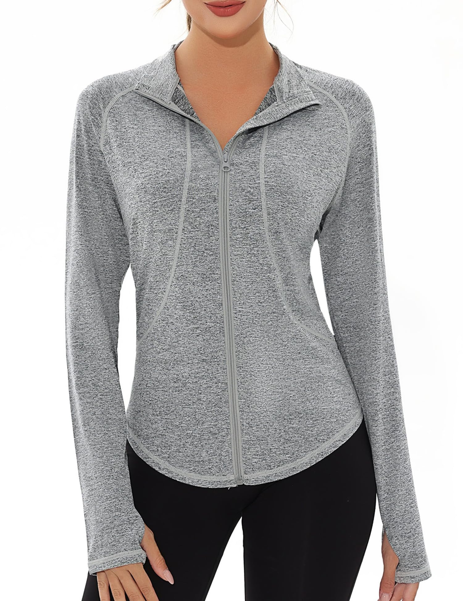 Gyabnw Veste de Sport pour Femme avec Trous de Pouce Veste Légère Course Randonnée Athlétique à Manches Longues et Design Zip pour l’Exercice et GYM