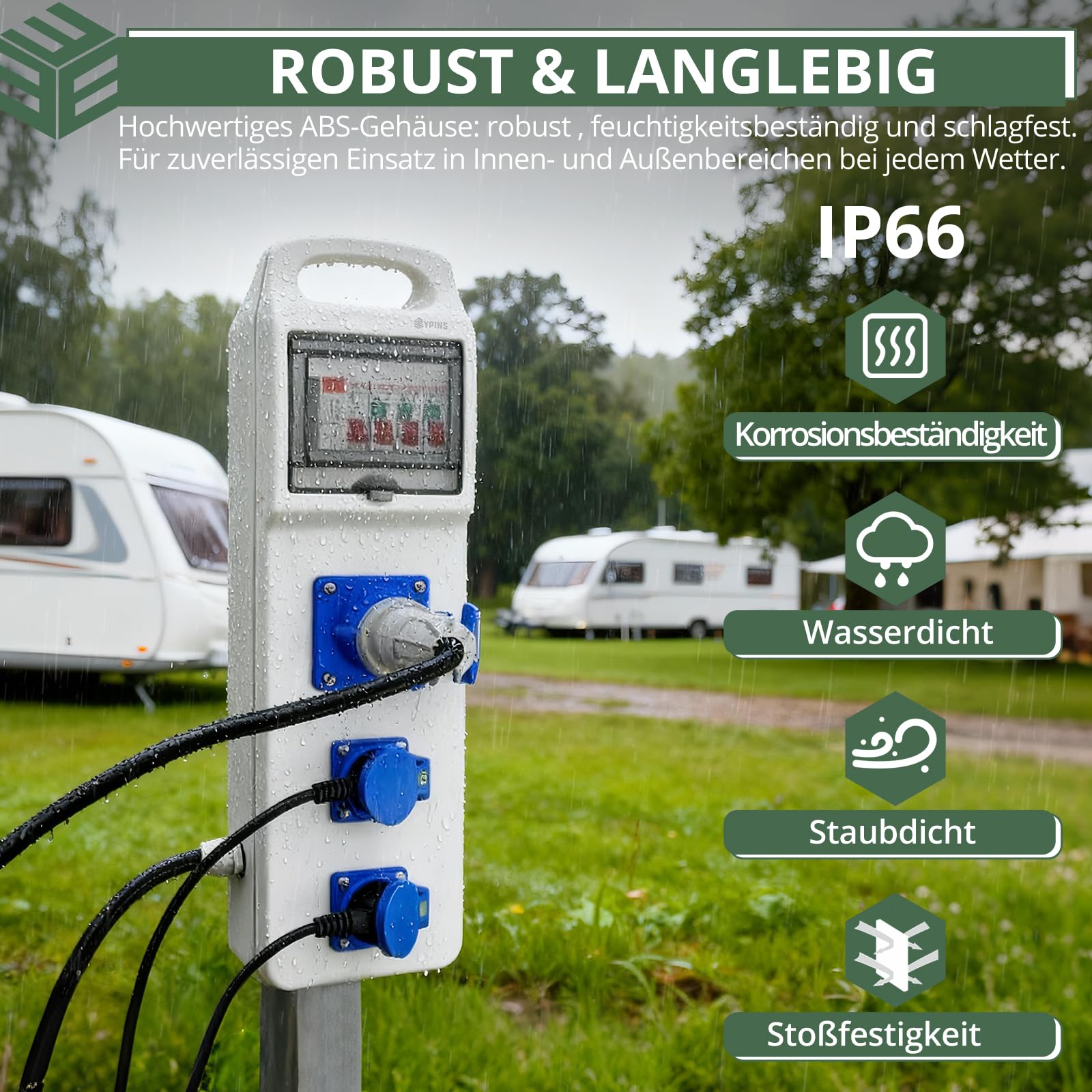 EYPINS Stromverteiler 16A mit LS+FI, Tragegriff-Steckdosenleiste 2x 230V Schuko-, 3P CEE-Steckdose, 16A 3P CEE-Stecker 1,85m Kabel, Kleinstromverteiler IP66/IP54 für Camping Wohnmobile Boote Outdoor