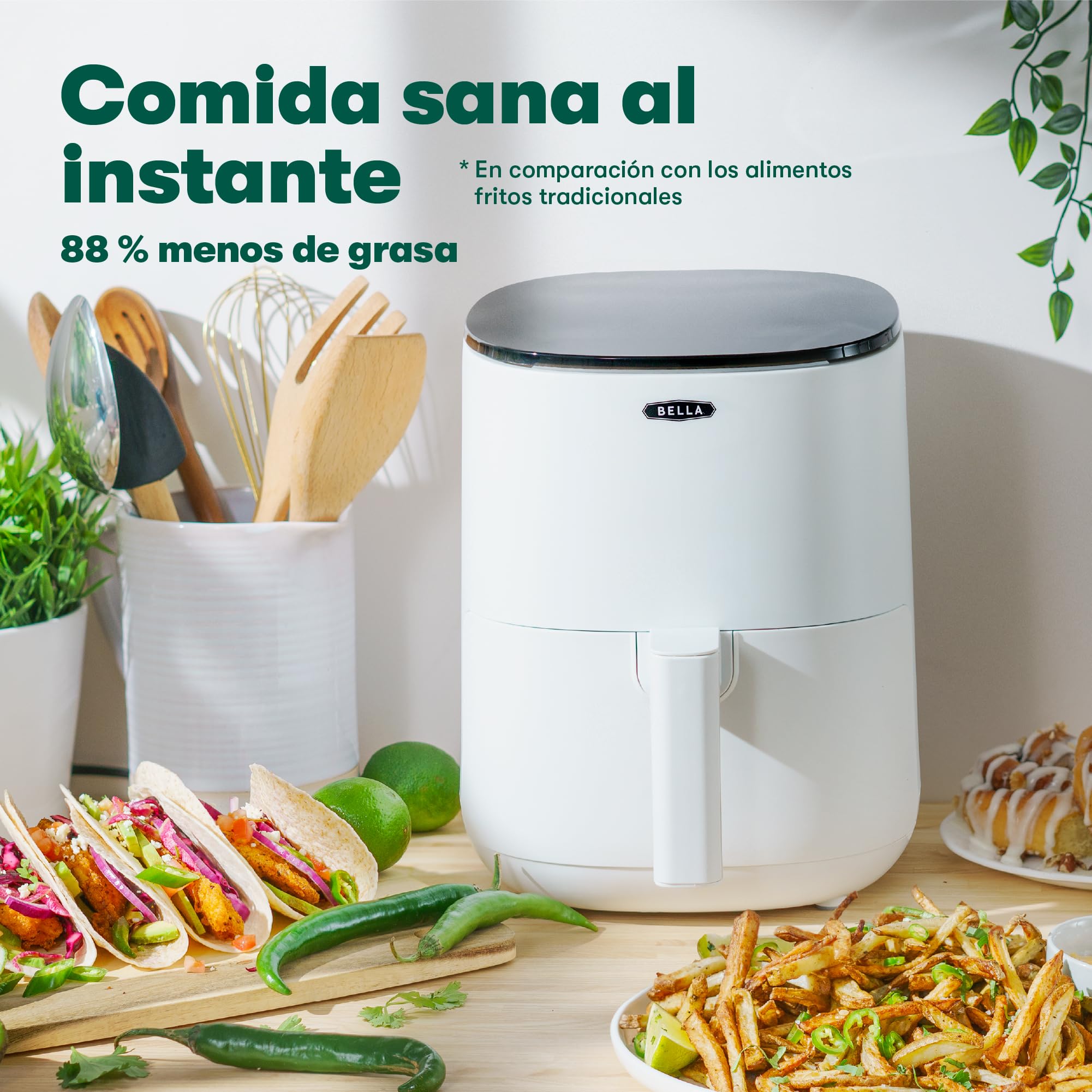 bella Freidora de aire con pantalla táctil de 2.9QT, sin precalentamiento, sin aceite, sartén antiadherente y bandeja para elementos crujientes aptas para lavavajillas, color blanco mate