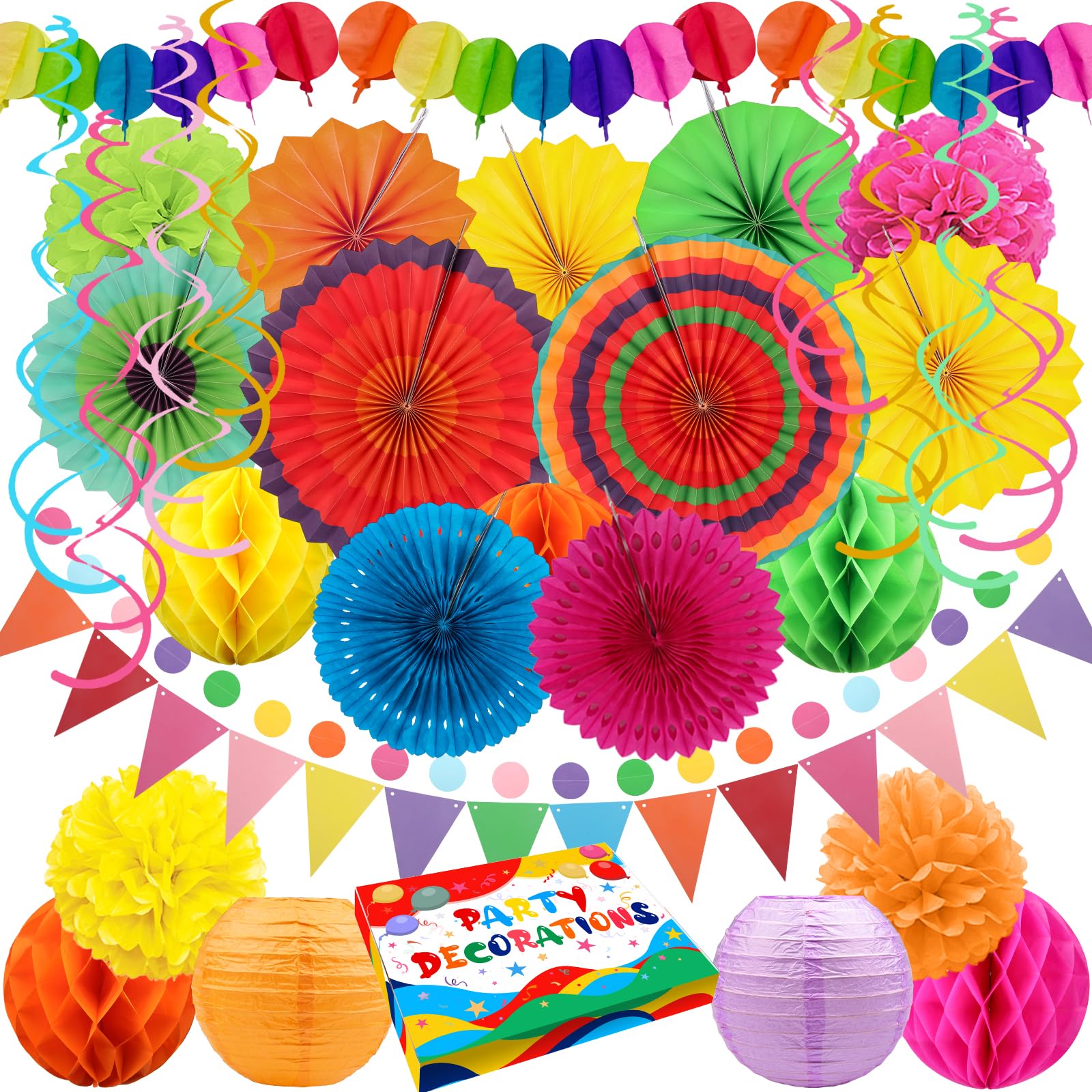 Fiesta-Party-Dekorationen, Cinco de Mayo-Pompons, Laternen, Wabenbälle und Girlanden, einfach zu montieren Dekorationsartikel für den Hispanic Heritage Month, mexikanische Party-Dekorationen – Bunt