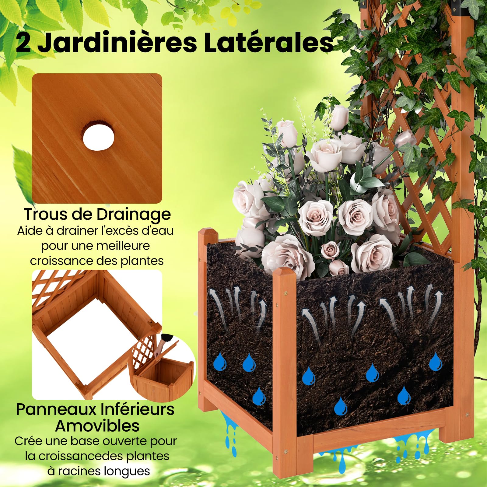 GOPLUS Arche de Jardin avec 2 Jardinières Surélevées 200CM,Jardinières avec Treillis Arqué pour Plantes Grimpantes Fleurs Herbes Légumes Fruits en Bois Massif, Porte Allée Jardin