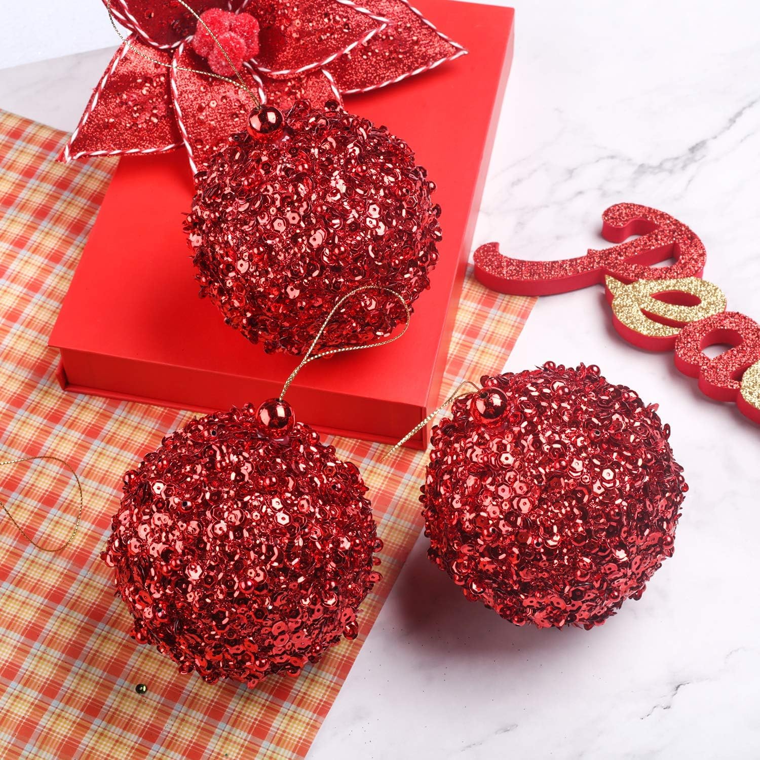 Christbaumkugeln, 4er-Pack Weihnachtskugeln, Weihnachtsdekoration for Hochzeiten, Partys und Feiertage(Red,10cm)