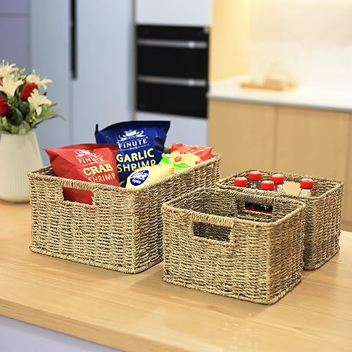 Miniatura 3 de HOONEX Cestas grandes de mimbre para almacenamiento, cestas de hierba marina con asas dobles, cestas tejidas para almacenamiento, juego de 3,