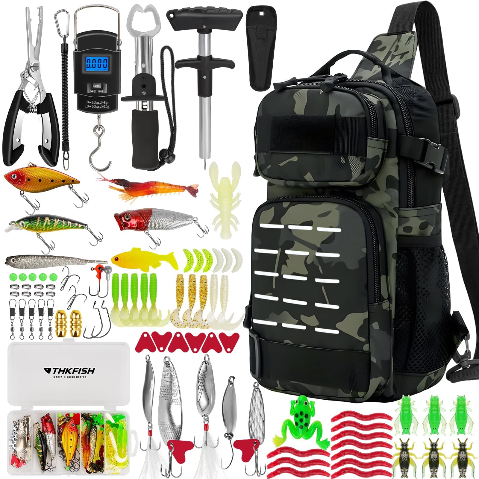 THKFISH 85Pcs Fishing Tool Kit, Fishing Backpack with Tackle Boxes Included, Fishing Tackle Kit Include Fishing Bait Lure Gear Kit, Fishing Pliers,