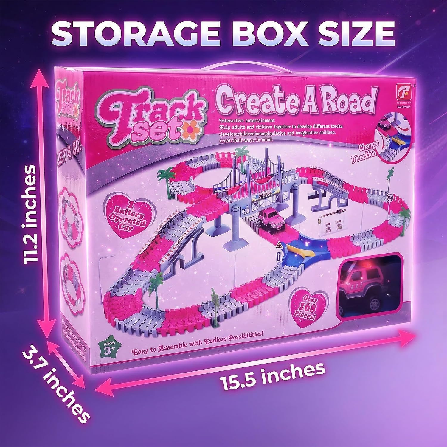 168 PCS Pink Magic Bendable Race Track Toy, Snap Together Create a Road Flexible Track Car Set for Toddlers, Kids, Boys, and Girls