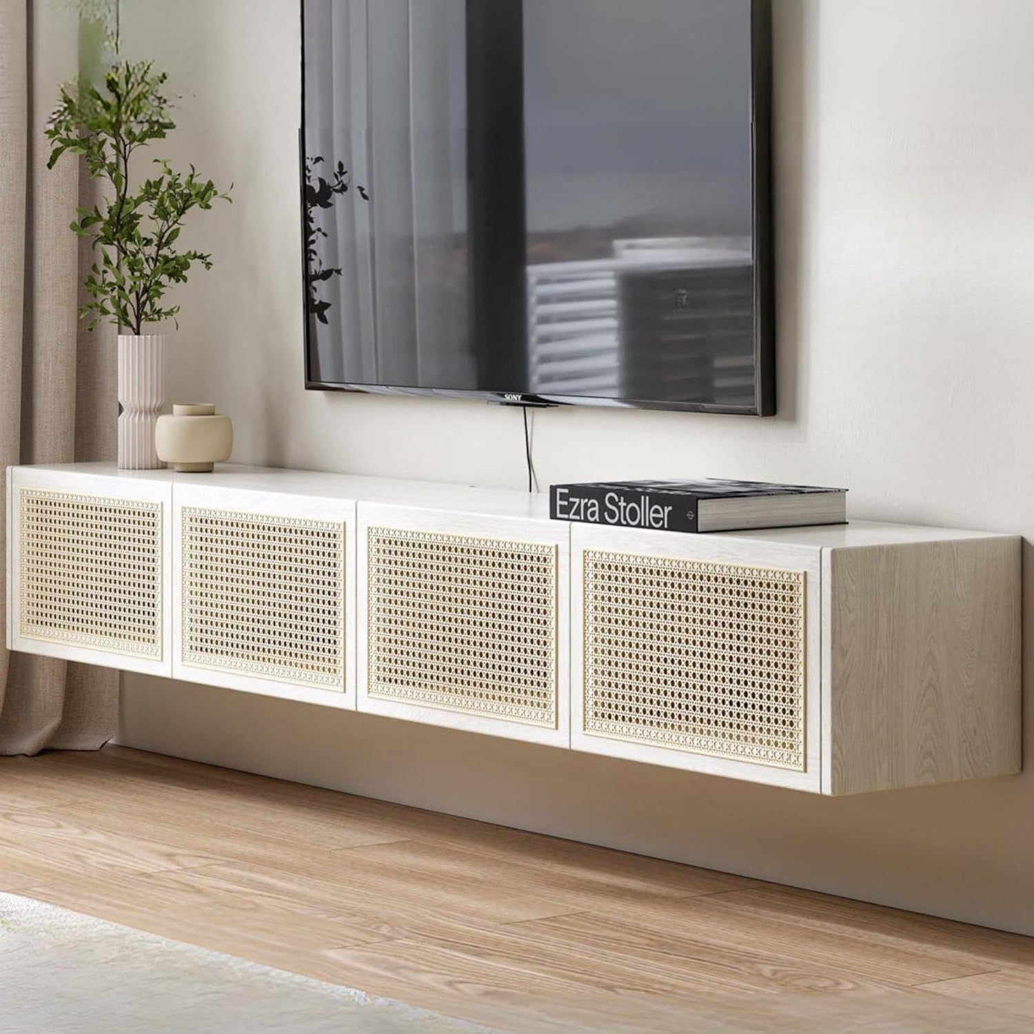 GVAwood Ash Solid Wood Rattan TV Cabinet Cream Style LED Lights. 70.8х12.5х11.8 inch / 180х32х30 сm/White Color/Ash semi-Closed wall-Mounted TV Cabinet