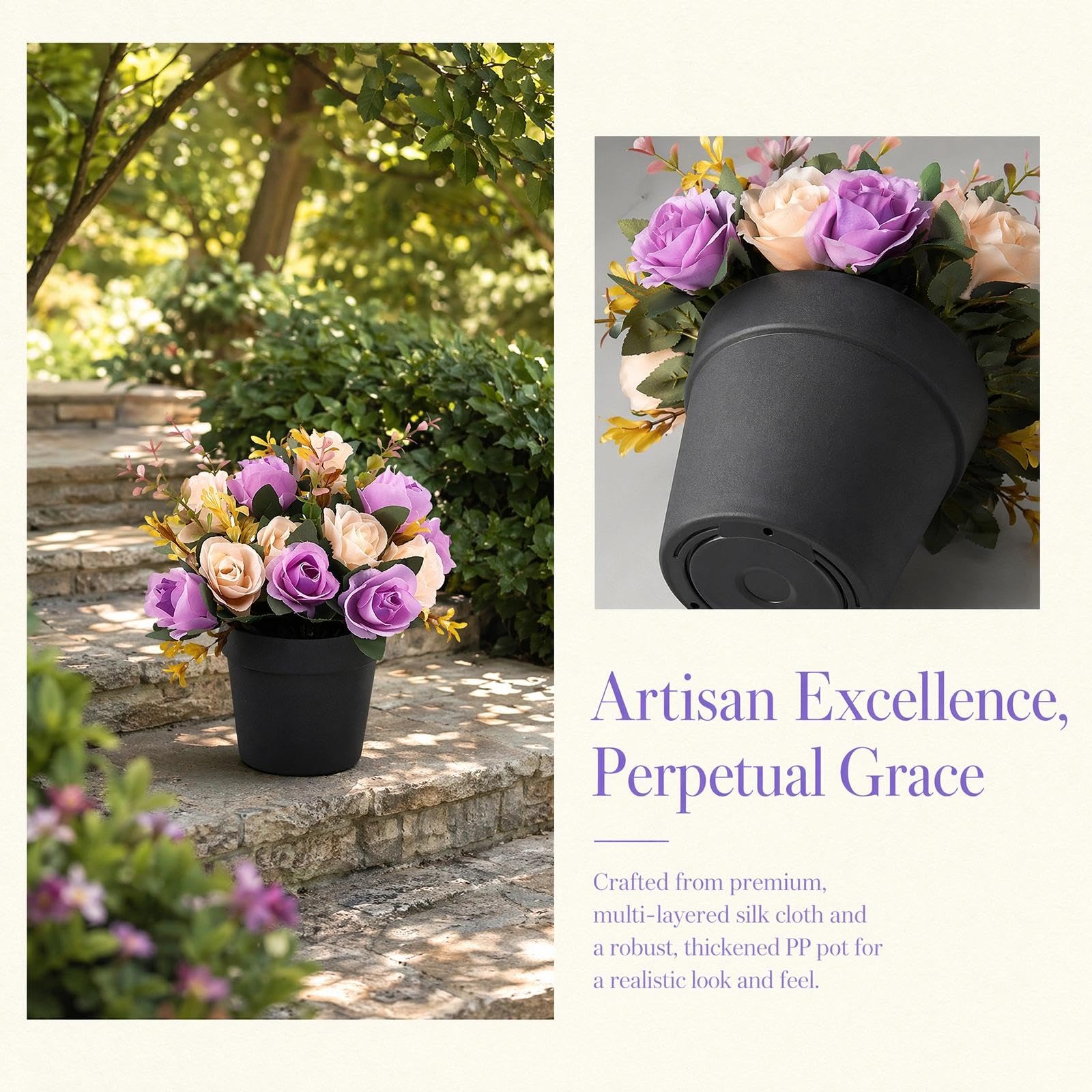 2 Pcs Artificial Flowers for Graves Pots Weather-Resistant Cemetery Flowers with 12 Lifelike Roses - Image 3