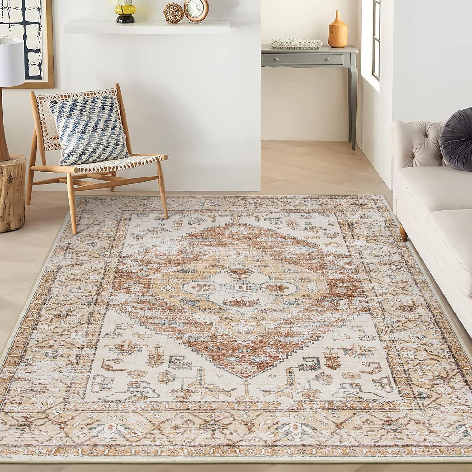 Tapis de salon 200 x 300 cm traditionnel beige et marron style moquette