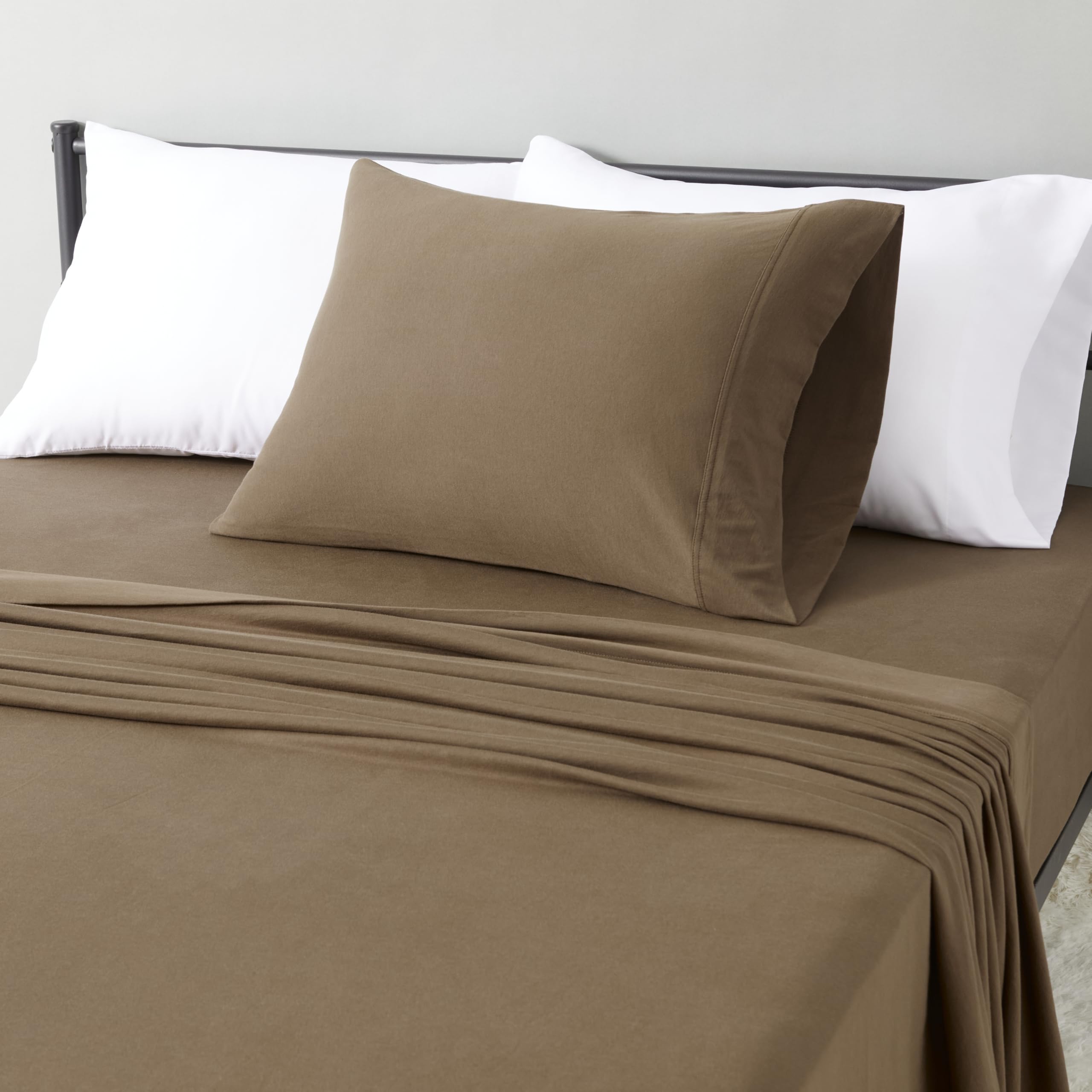 Amazon Basics 100% Cotton Jersey Bed Sheet Set, Breathable Material, Machine Washable, Twin, Brown