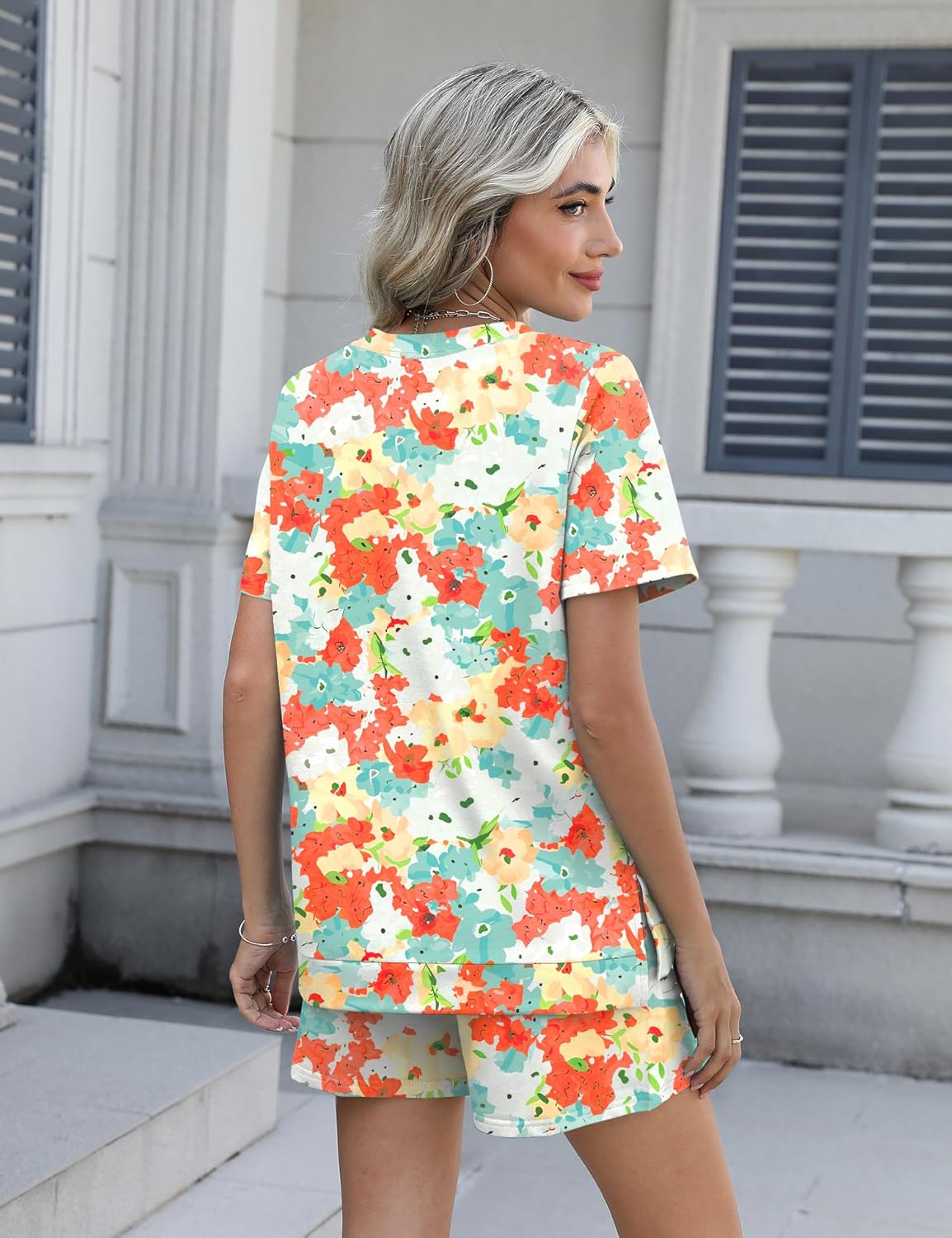 AKEWEI Womens Two Piece Outfits Summer Lounge Sets Tracksuit V Neck Buttons Down Tops and Shorts Set with Pockets - Image 4