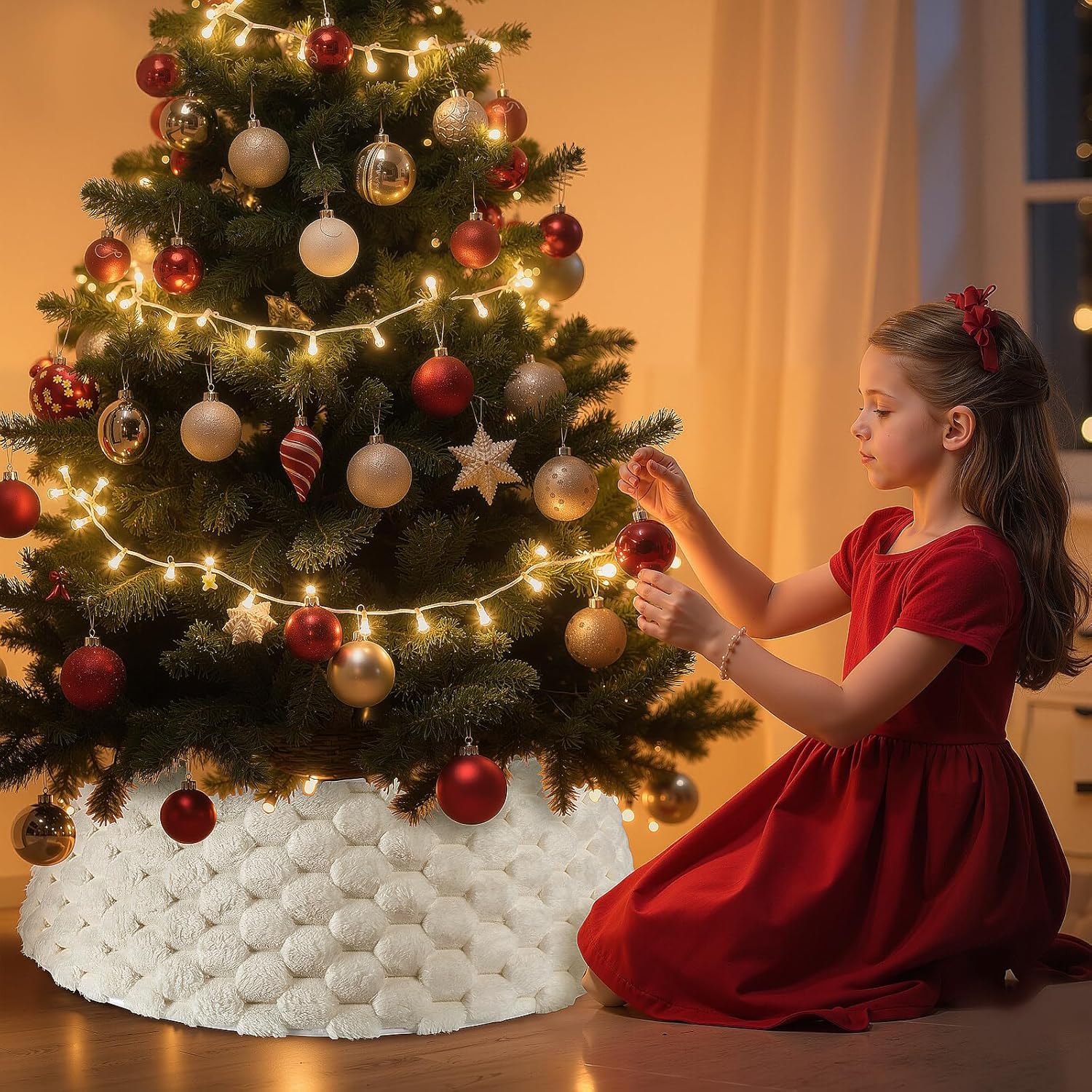 28 Inch Christmas Tree Collar, White Plush Faux Fur with Weaving Textured Pattern, Soft Fluffy Xmas Tree Ring Boho Tree Skirt for Holiday Decorations Indoor Home Decor