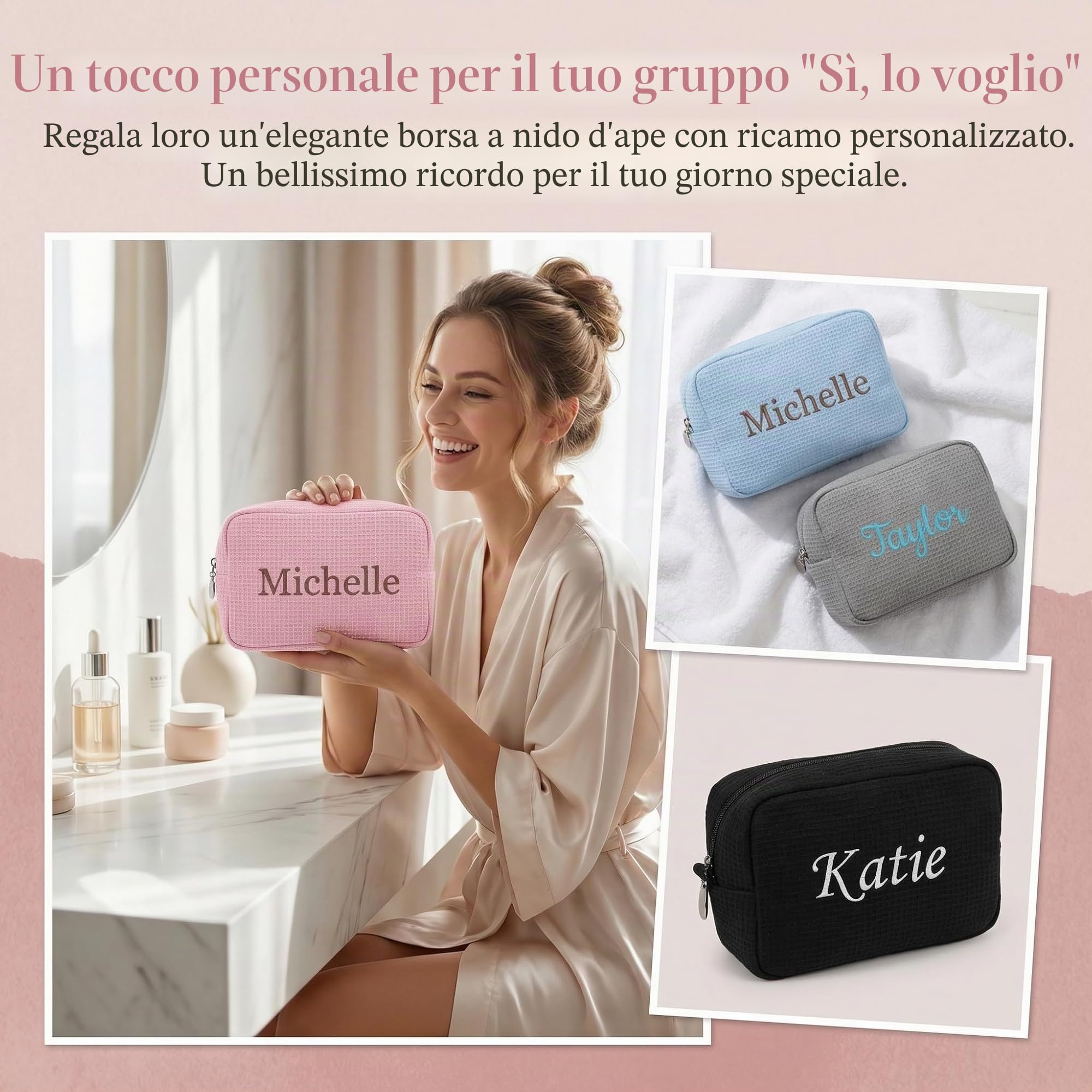 Borsa da trucco personalizzata con nome ricamato, borsa da bagno in maglia goffrata personalizzata per donne, borsa da viaggio grande e piccola borsa da trucco per regali da damigella