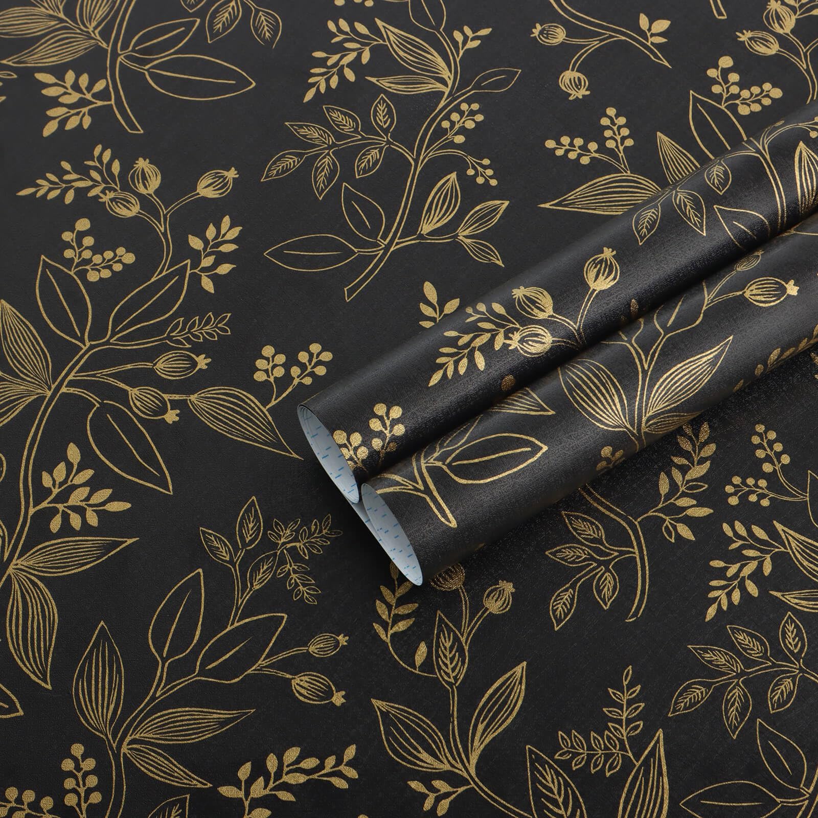 Papier peint autocollant 44cm x 10m vinyle noir motif feuille dorée