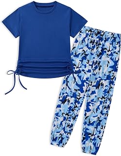 Girls Clothes Ruched Drawstring Short Sleeve Knit Top and Camo Print Pants 2 Piece Girls Outfits