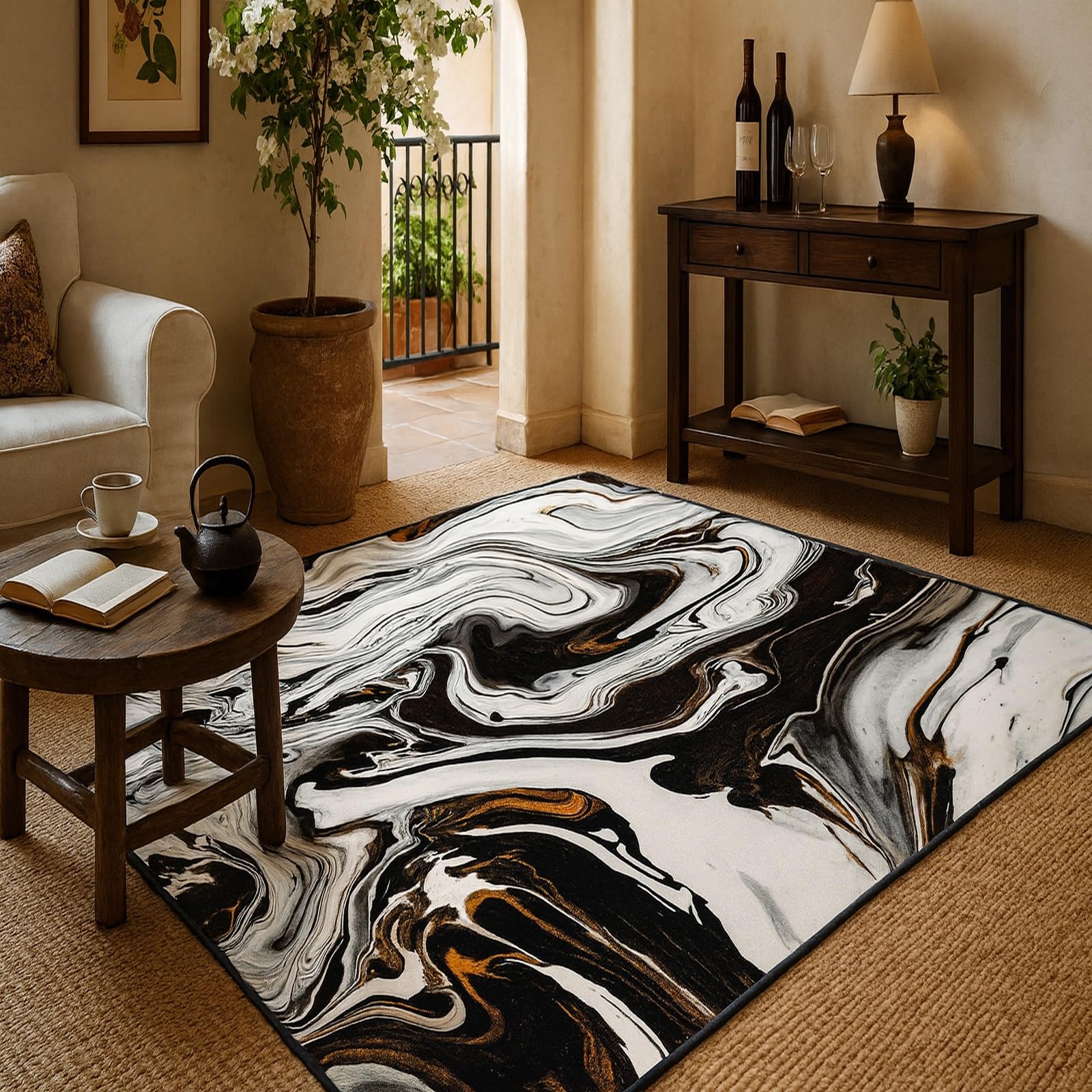 Dywany Salon 150x200 cm Miękki Antypoślizgowy Dywan Łatwy Do Czyszczenia Do Domu Biura Wewnątrz Abstrakcyjny Czarny Biały Złoty