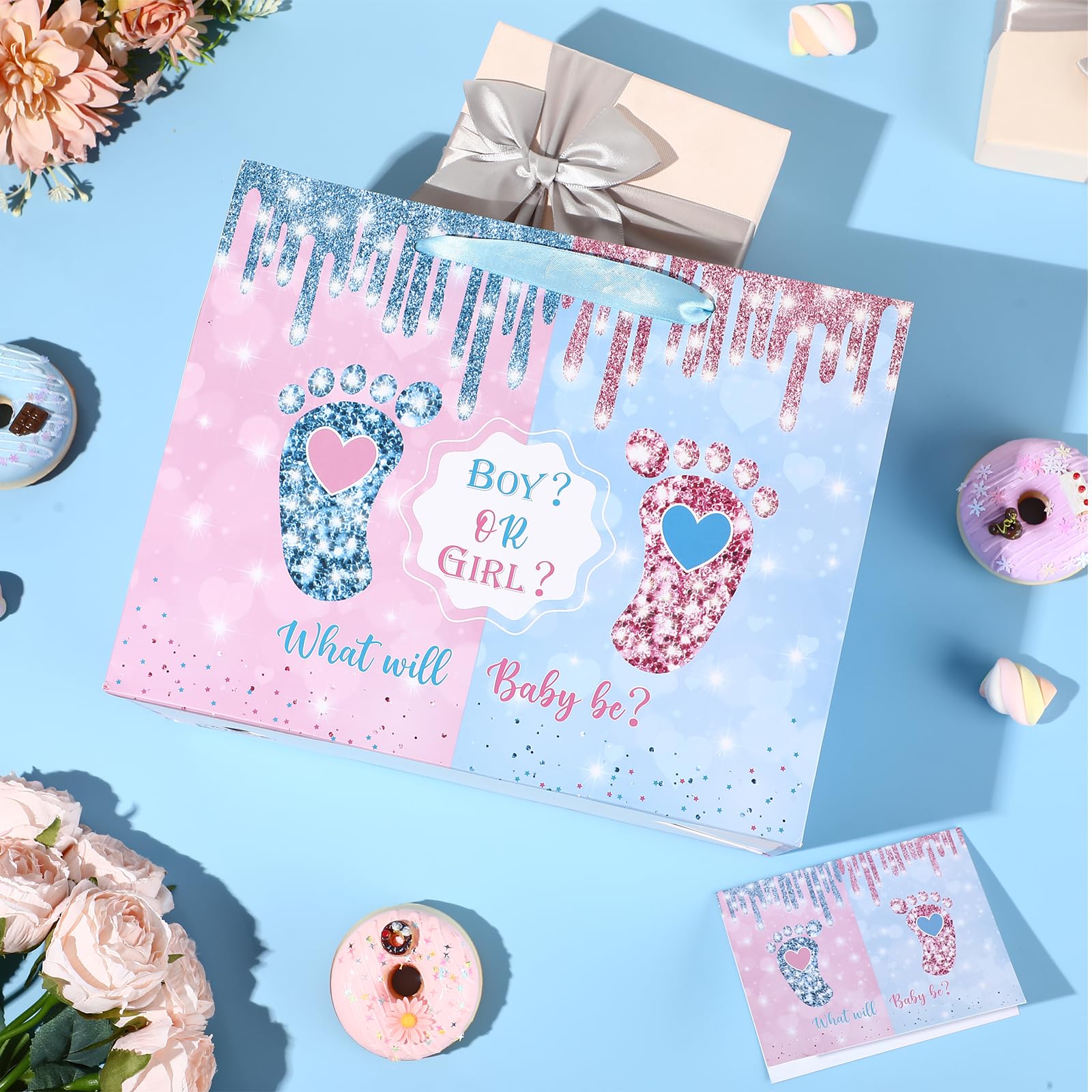 Gender Reveal Gift Bag Blue Pink Boy or Girl Paper Bag with Wrapping Paper Card What Will Baby Be Party Decoration Little Feet Treat Candy Bag for Baby Shower Gender Reveal Birthday Party Supplies