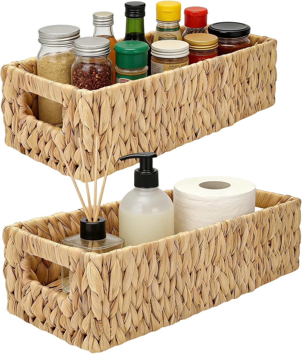 2 Pack Wicker Storage Baskets, Toilet Paper Basket for Back of Toilet, Handwoven Rectangular Organizer Bins for Bathroom, Kitchen, Pantry, Laundry(2 Sizes) (Brown)