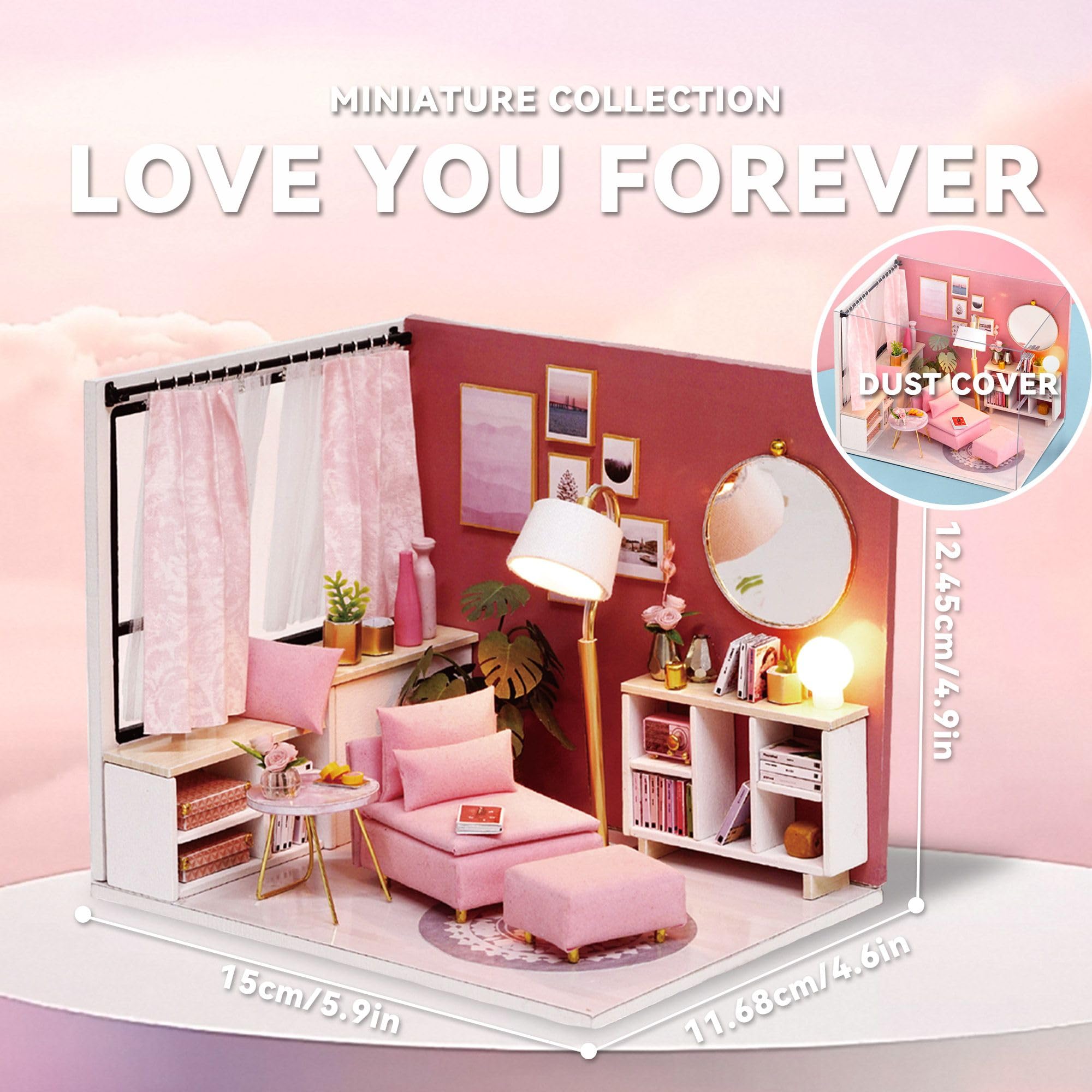 Flever Dollhouse Miniature DIY House Kit Creative Room with Furniture and Cover for Romantic Valentine's Gift(Love You Forever)