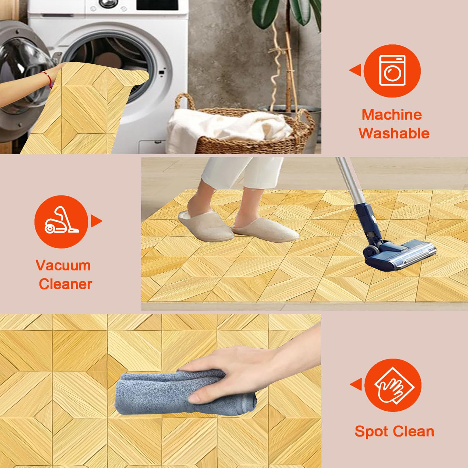 Tapis Lavable Parquet, Antidérapant Géométrie Patchwork Rétro, Résistant Aux Taches pour Intérieur, Décoration pour Salon, Chambre À Coucher, Bureau - Jaune Clair - 80X150Cm