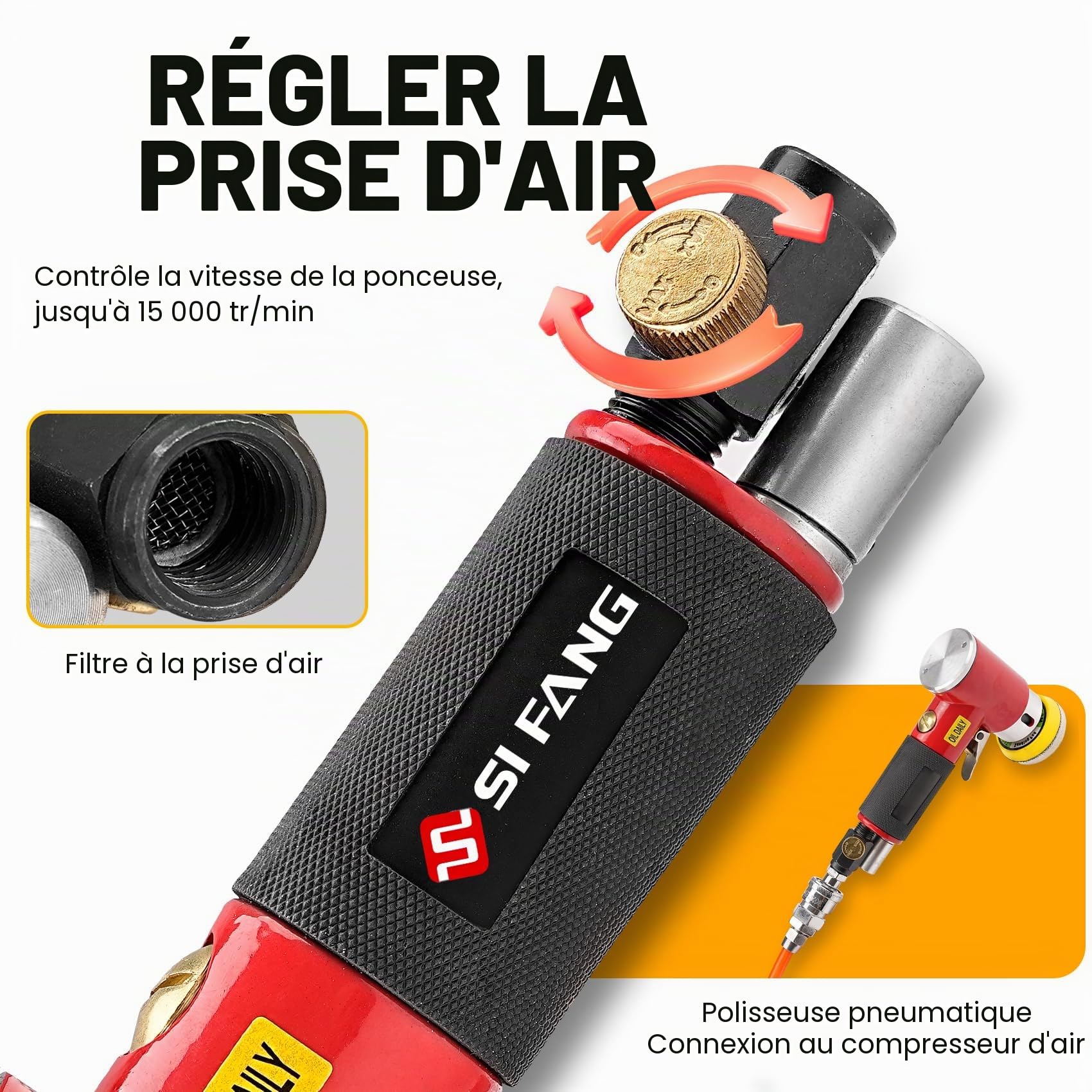 SI FANG Mini Ponceuse Excentrique Pneumatique à Air Comprimé 48Pcs avec Disques 25mm/50mm/75mm, Ponceuse Orbitale, Polisseuse Carrosserie Complète avec Accessoires