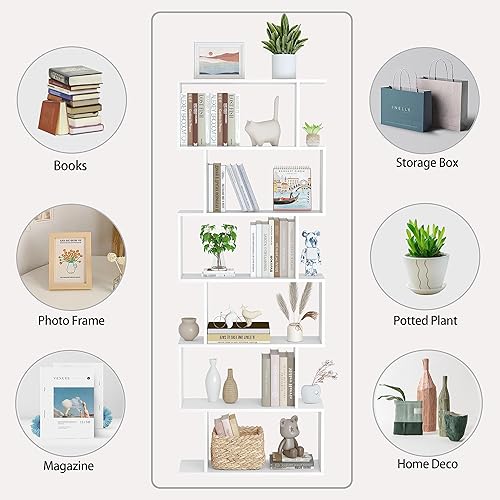 Miniatura 7 de Yusong Estantería en forma de S, estantería geométrica moderna, estantería blanca de 6 niveles