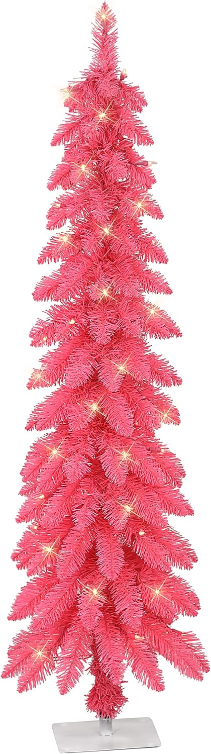 Puleo International 4 ft Pre-Lit Pink Artificial Alpine Pencil Tree 136 Tips 50 Clear Lights