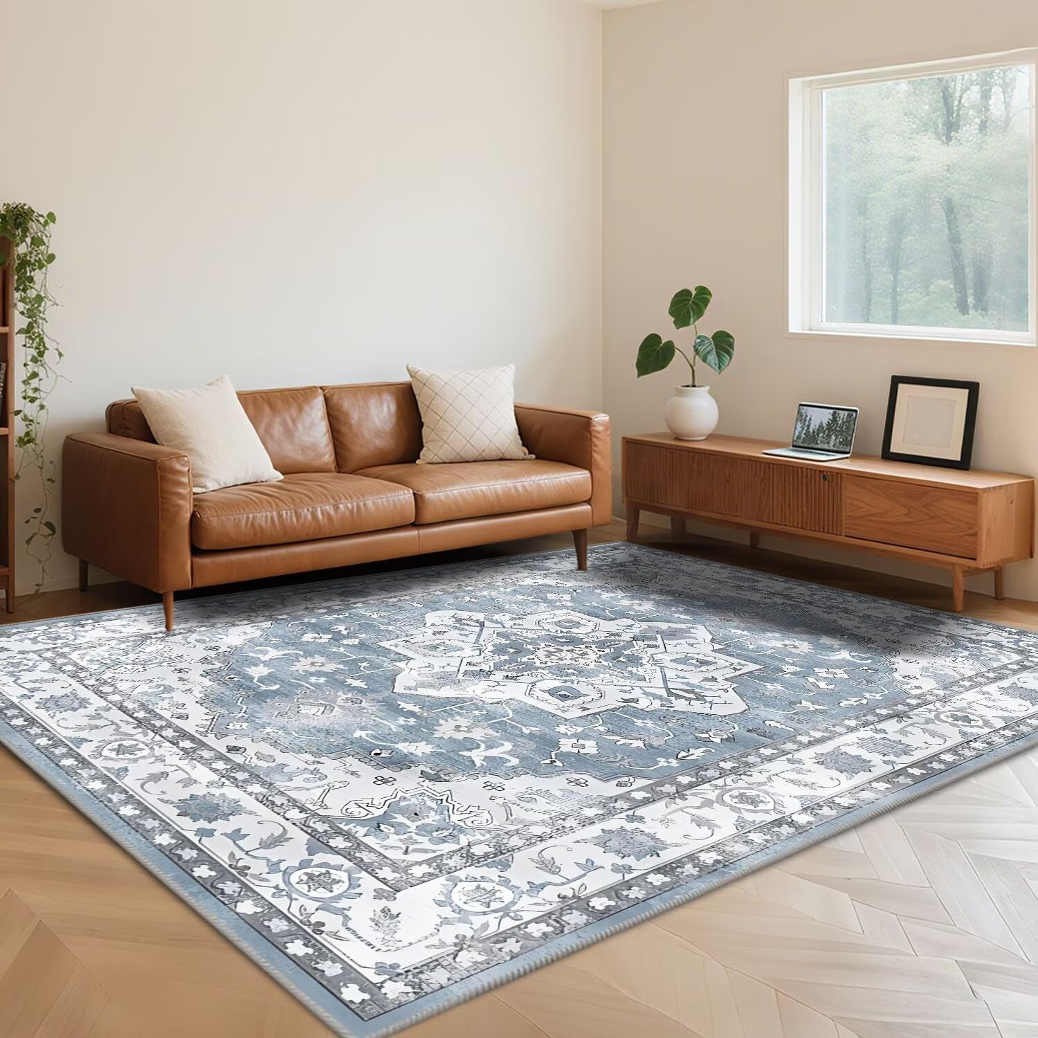 Tapis bleu lavable en machine 160x230 cm rétro et doux pour un entretien facile