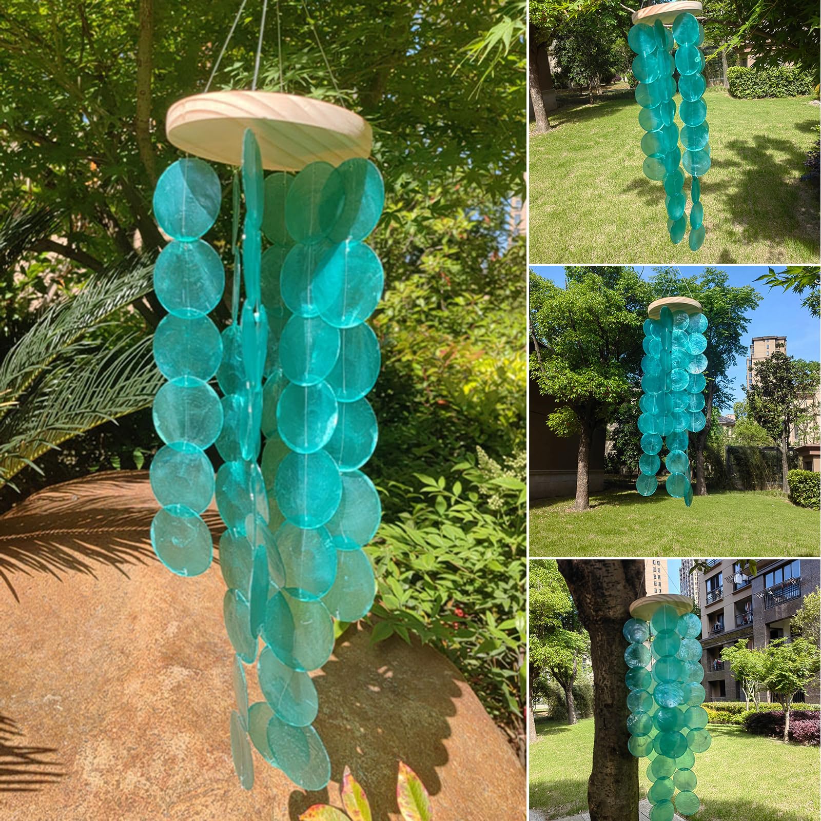 Eleganter, farbiger Capiz-Muschel-Windspiel-Anhänger zum Aufhängen für Terrasse oder Garten, bringt Ruhe in jeden Raum