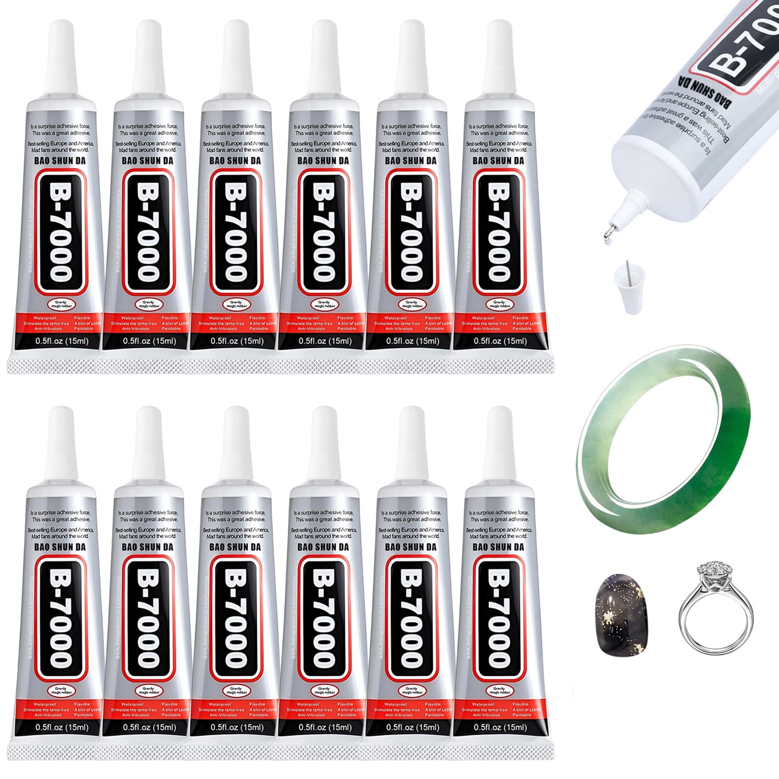 B7000 Super Glue, 15ML Clear Craft Fabric Glues for Jewelry Making, 12Pcs Multi-Function Rhinestone Glue for Clothes, Fabric, Cell Phones, Rubber, Wood, Leather, Rhinestones Crafts