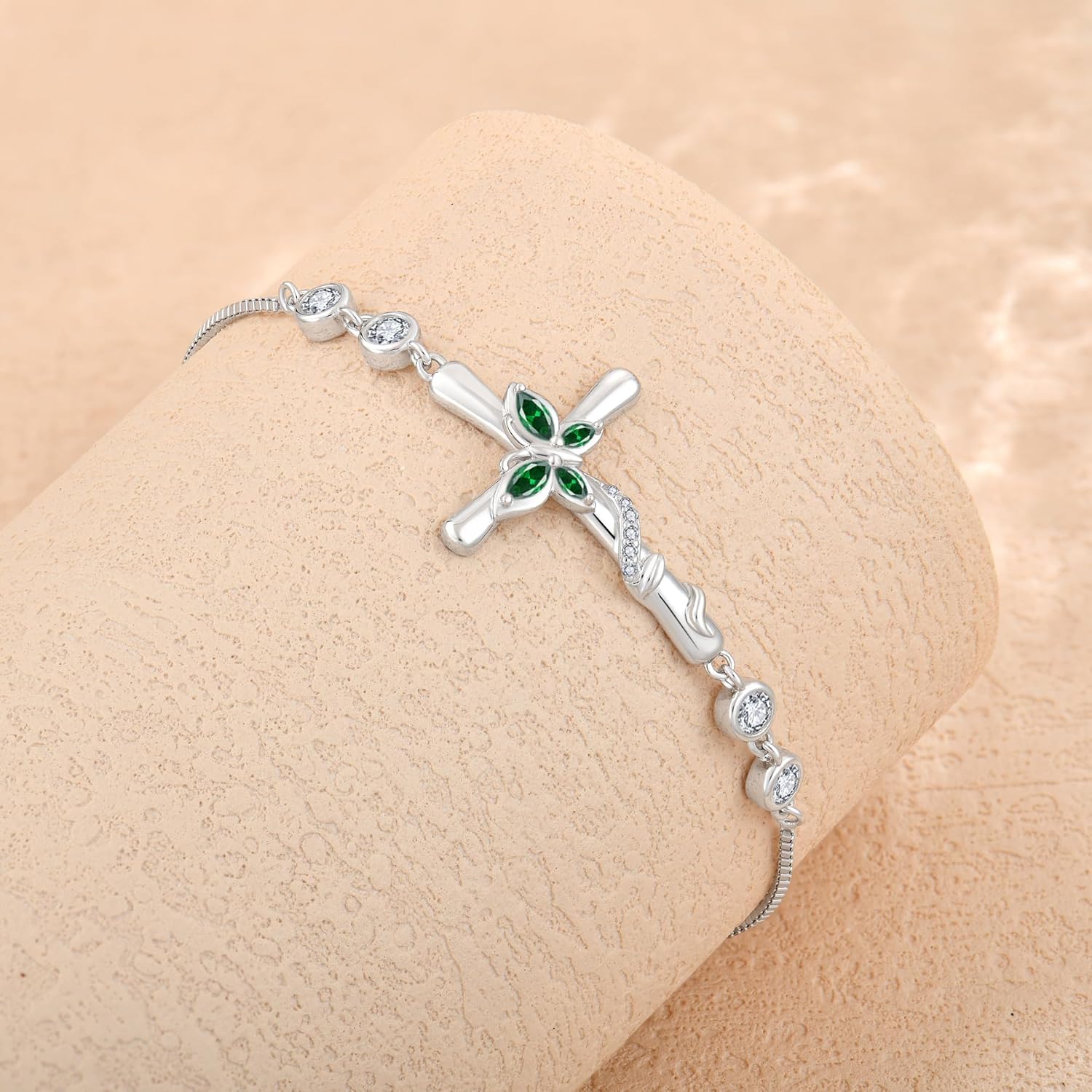 Cross Bracelet for Women 925 Sterling Silver Adjustable Butterfly Bracelet Birthstone Jewelry for Women - Image 2