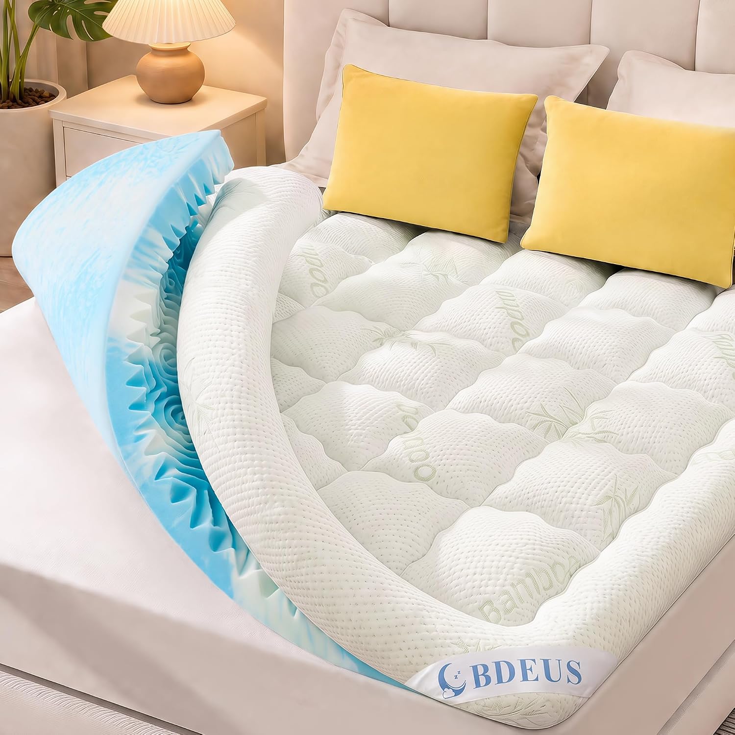 BDEUS Queen Size Dual Layer 4 Inch Memory Foam Mattress Topper, 2 Inch Cooling Gel Memory Foam and 2 Inch Pillow Top Mattress Pad Cover for Back Pain, Medium Support